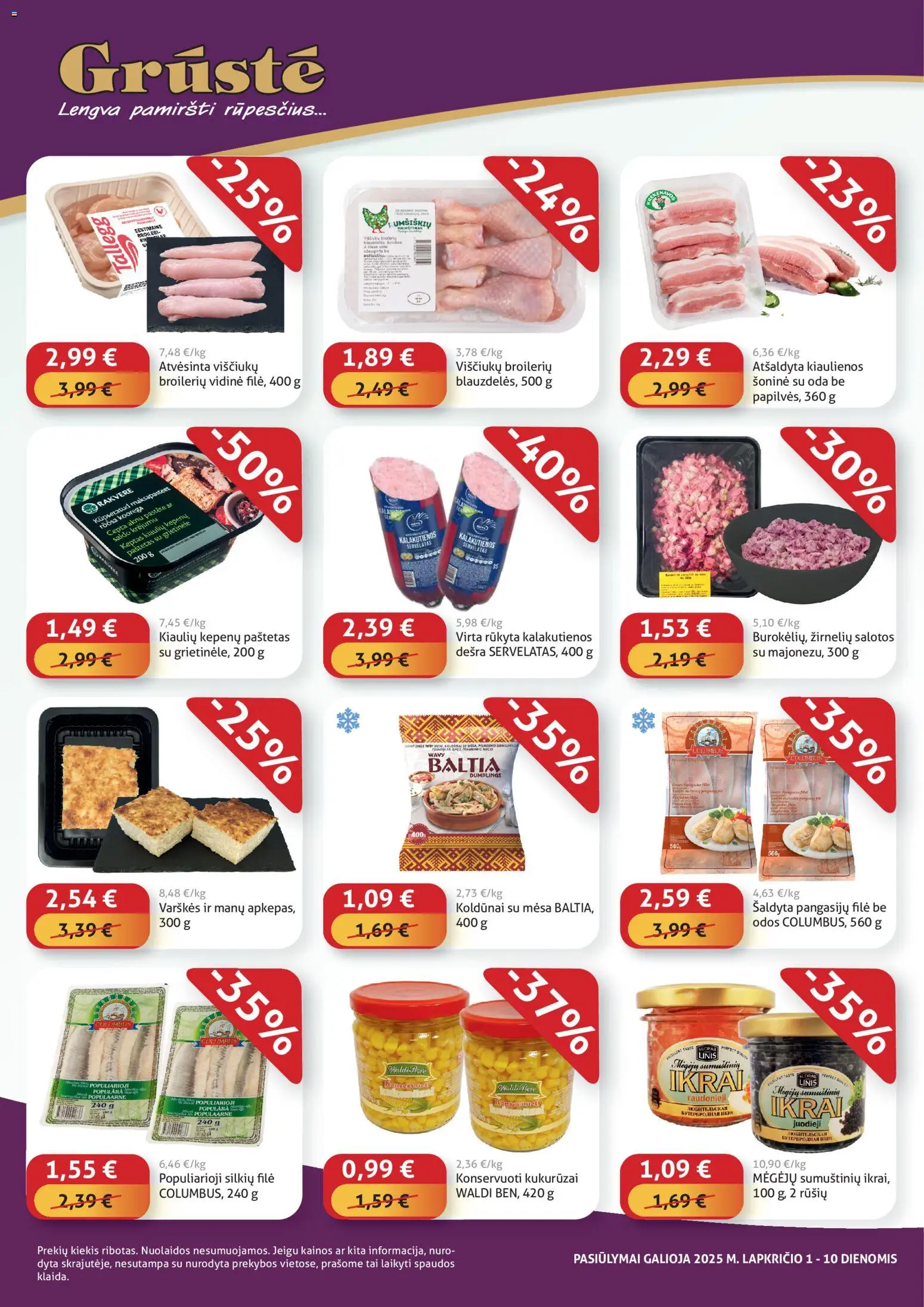 GRUSTE akcijos nuo 01.11.2025 | Puslapis: 2 | Prekių: Grietinėlė, Kukurūzai, Dešra, Ikrai