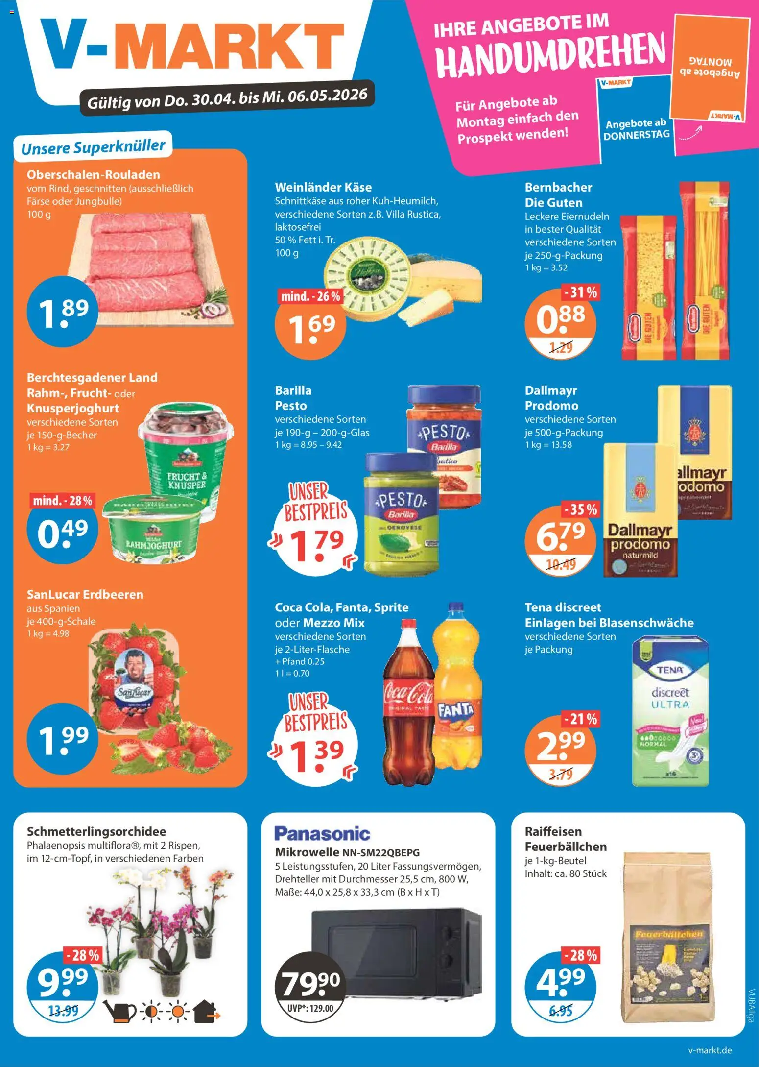 V-Markt Schwaben / Oberbayern – gültig ab 30.04.2026 | Seite: 1 | Produkte: Mikrowelle, Sprite, Cola, Barilla