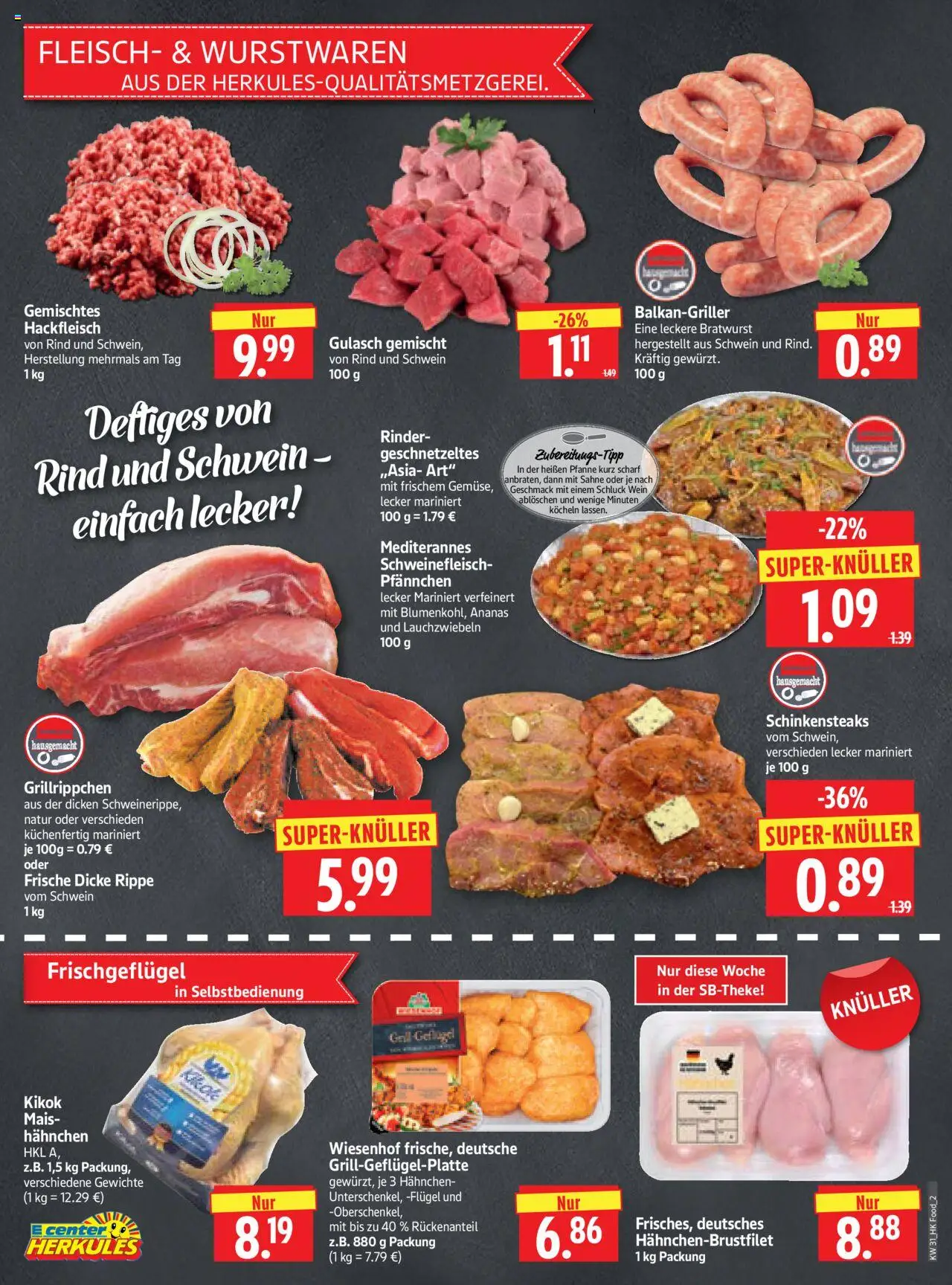 HERKULES Prospekt 	 - gültig ab dem 28.07.2025 | Seite: 2 | Produkte: Hahnchen, Bratwurst, Gulasch, Hackfleisch