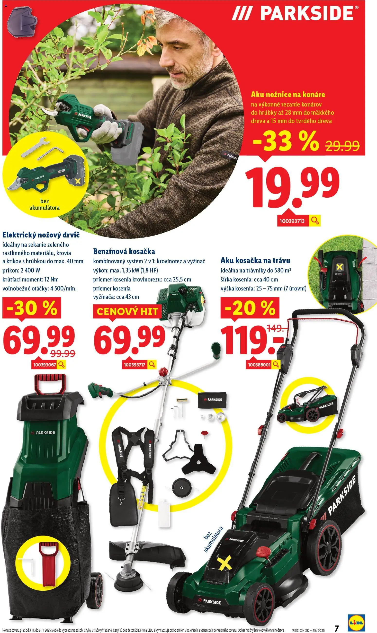 Nové Lidl akcie – leták je platný od 02.11.2025 | Strana: 7 | Produkty: Krovinorez, Aku kosačka, Kosačka, Nožnice na konáre