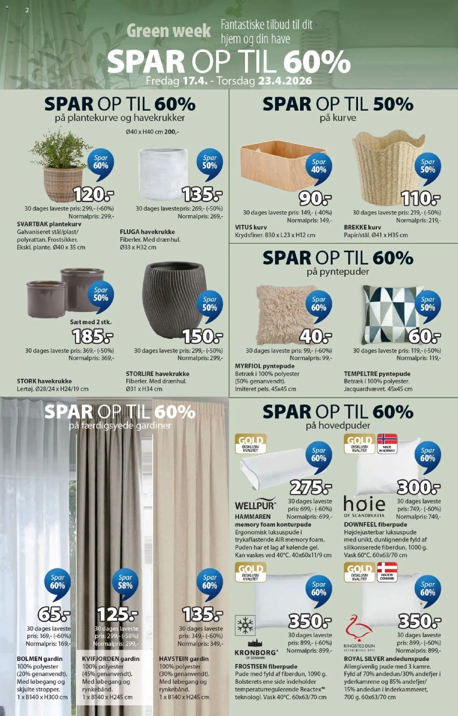 JYSK tilbudsavis – gyldig fra 17.04.2026 | Side: 2 | Produkter: Pude, Færdigsyede Gardiner, Kurv, Gardiner