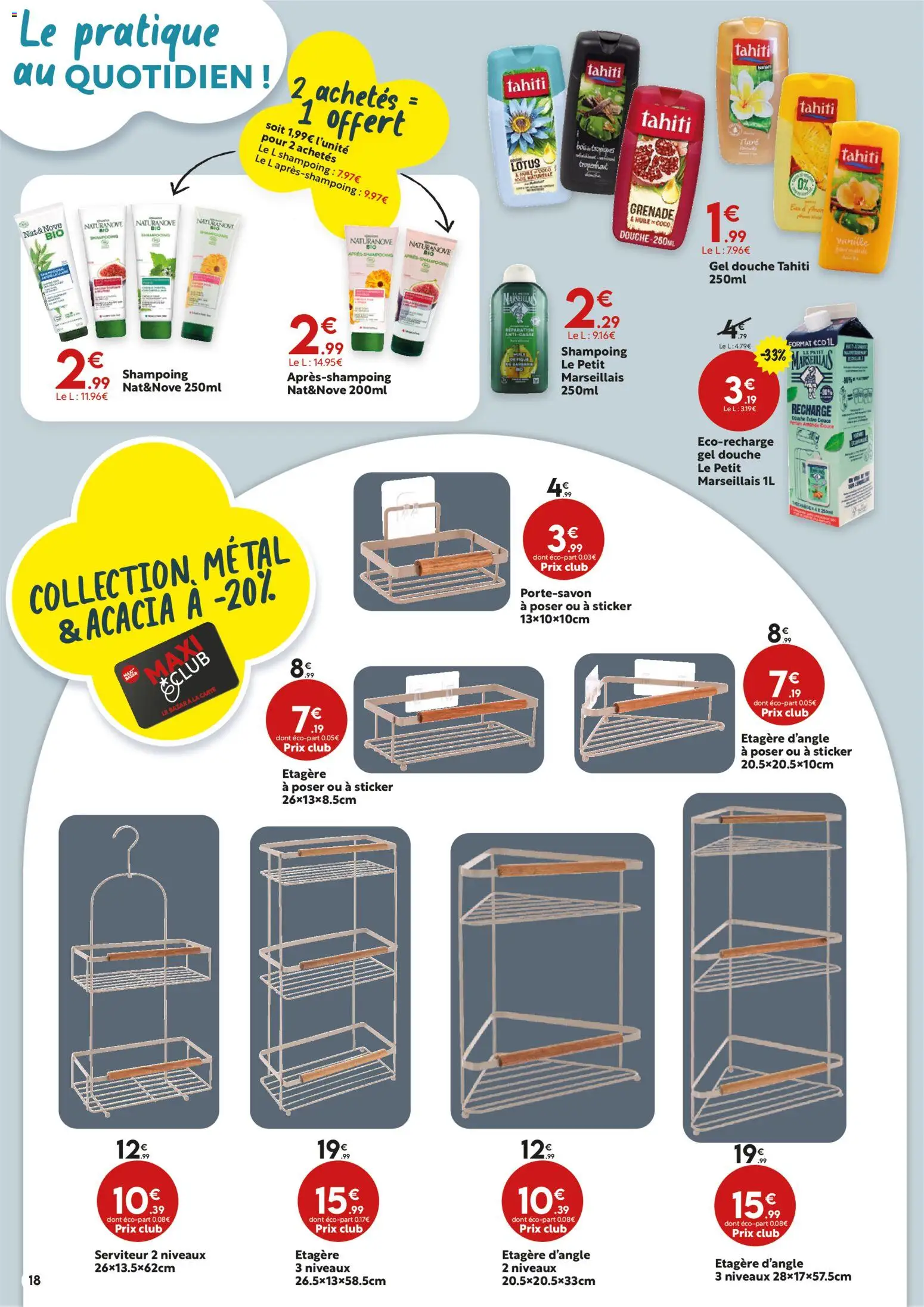 {H1} | Page: 18 | Produits: Shampoing, Étagère, Douche, Huile