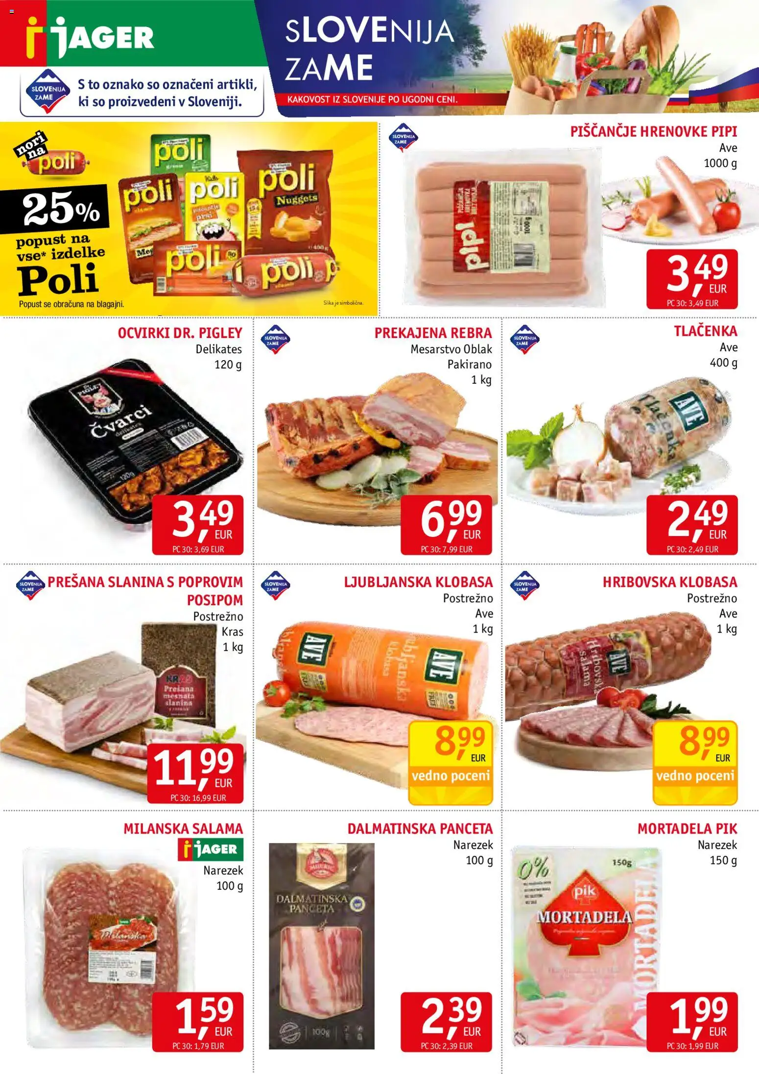 Novi Jager katalog ponudbe – veljaven od 08.04.2026 | Stran: 2 | Izdelki: Hrenovke, Panceta, Mortadela, Narezek