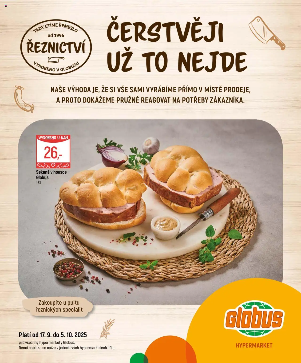 Globus leták - Řeznictví od 17.09.2025 | Strana: 1 | Produkty: Sekaná v housce, Globus, Sekaná