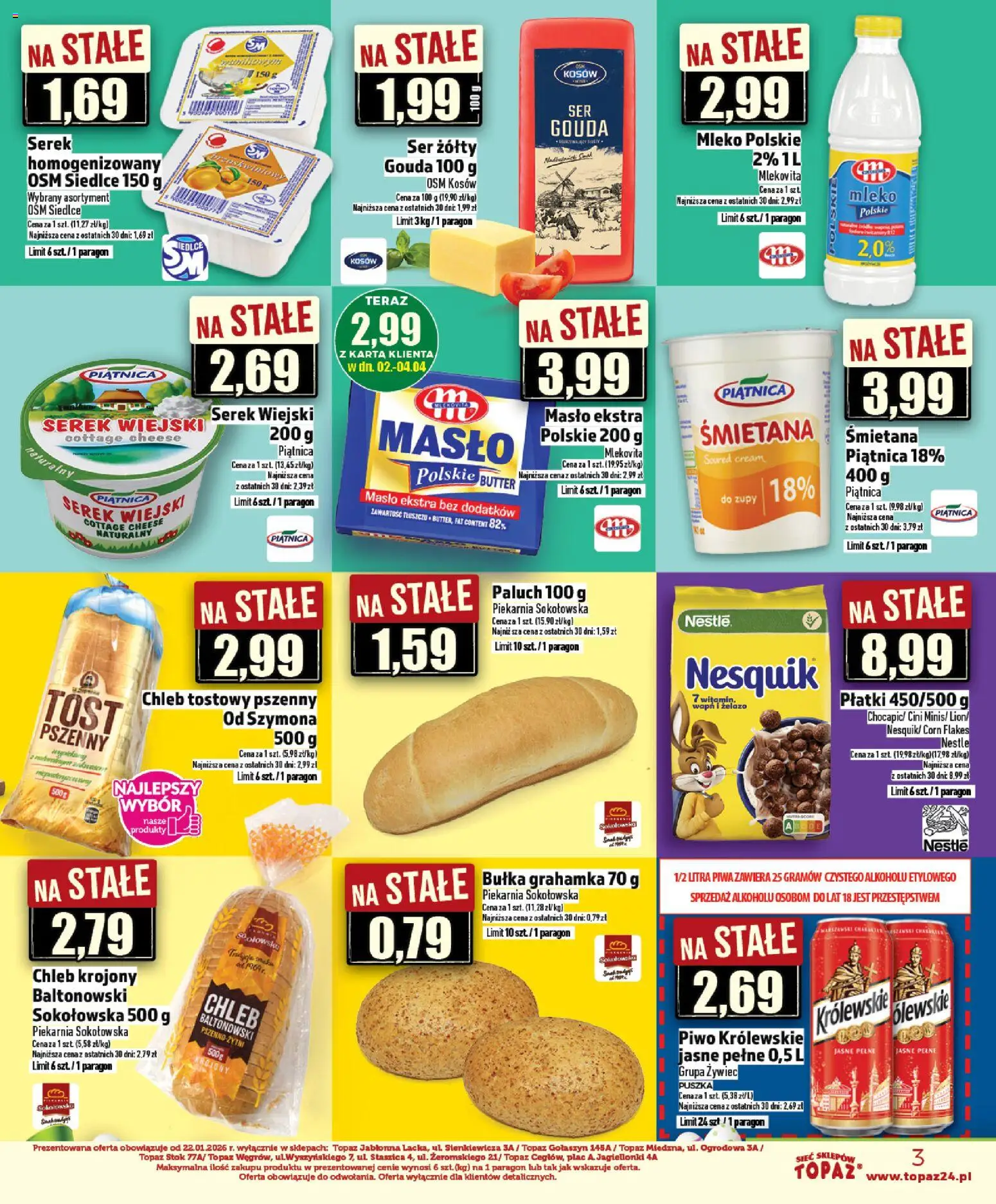 Topaz gazetka - Ceny małe na stałe od 02.04.2026 | Strona: 3 | Produkty: Karta, Piekarnia, Mleko, Chleb