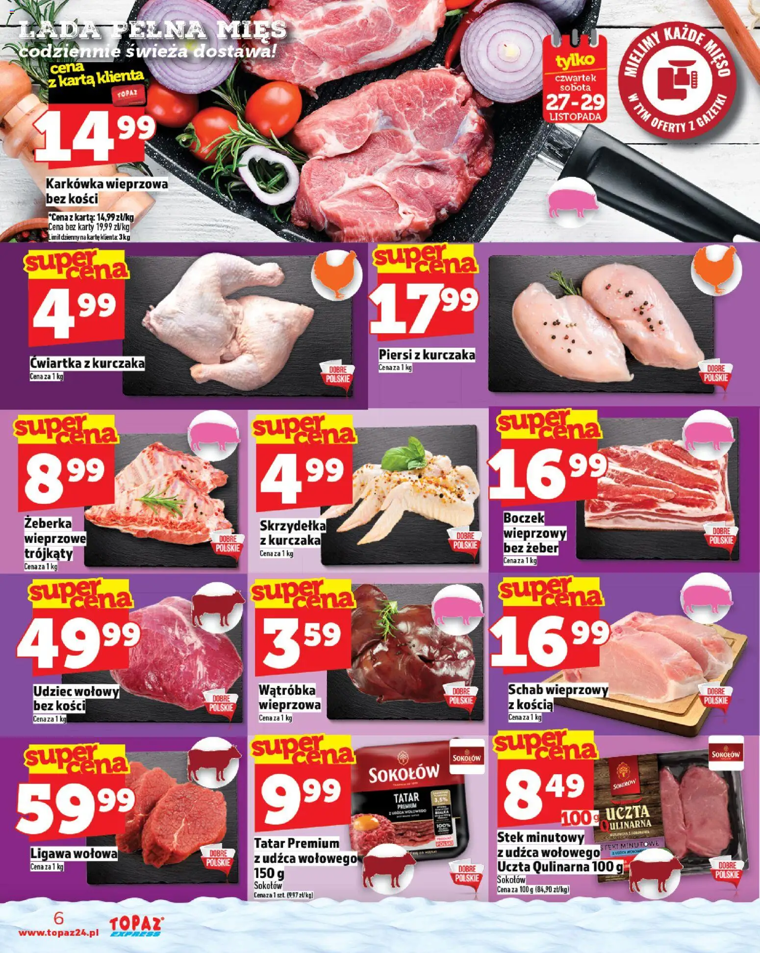 Topaz Gazetka - Express od 27.11.2025 | Strona: 6 | Produkty: Piersi, Wątróbka, Tatar, Ćwiartka z kurczaka