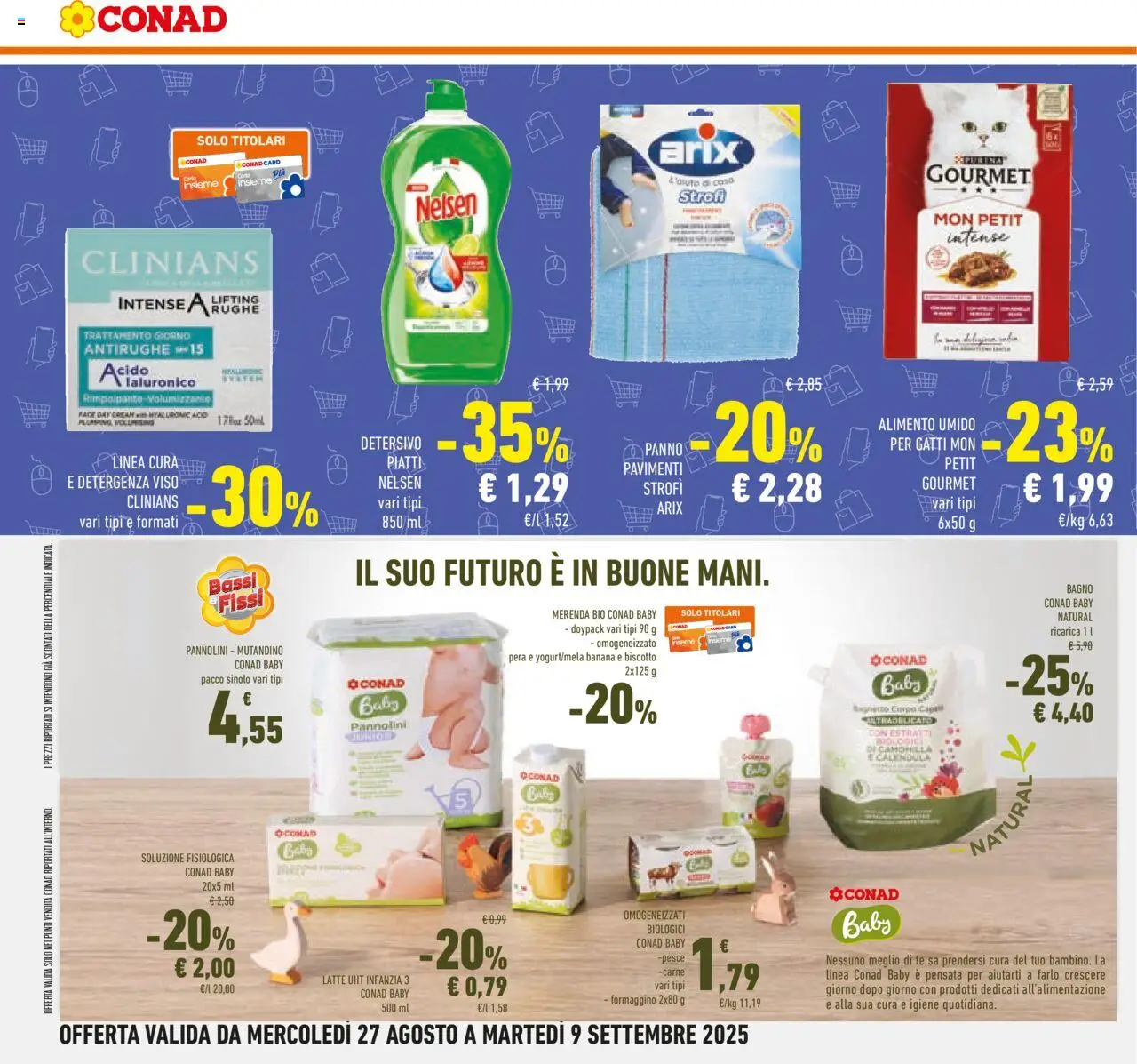 Volantino Conad del 27.08.2025 | Pagina: 28 | Prodotti: Pannolini, Tè, Bagnetto, Bagno