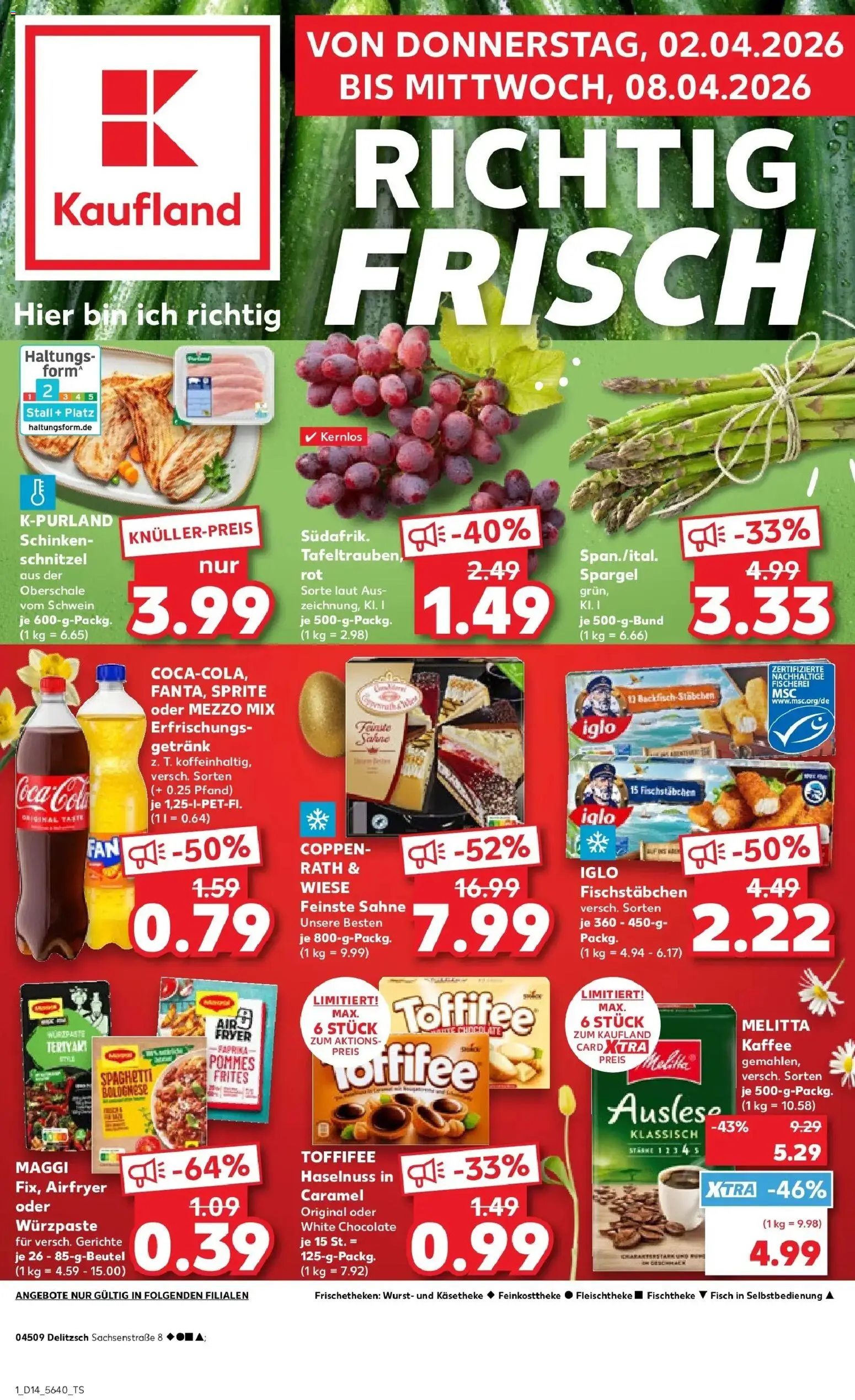 Kaufland Prospekt Delitzsch	 – gültig ab 02.04.2026 | Seite: 1 | Produkte: Melitta, Maggi, Cola, Iglo