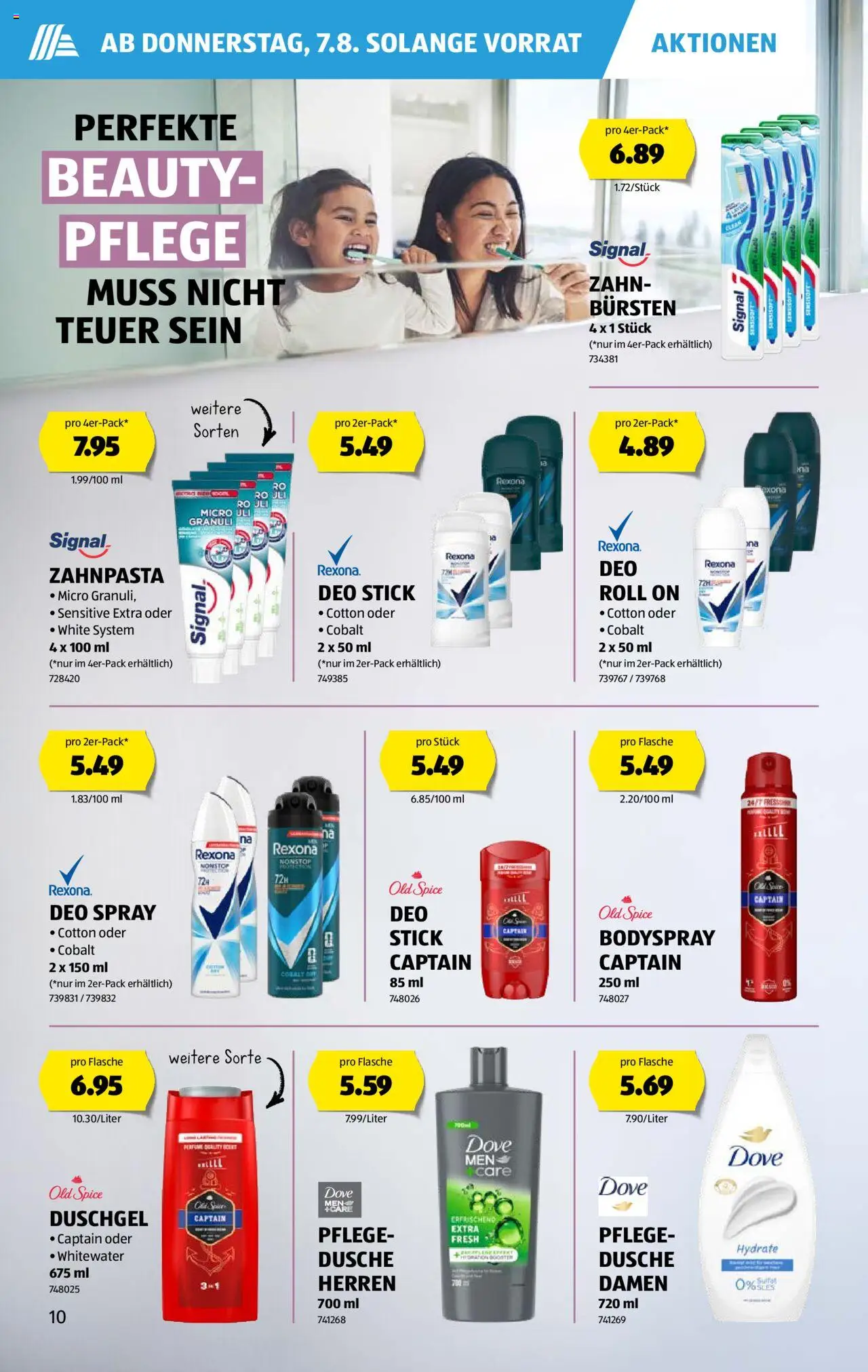 Aldi Aktionen ab 07.08.2025 | Seite: 10 | Produkte: Dusche, Duschgel, Zahnpasta, Deo Stick