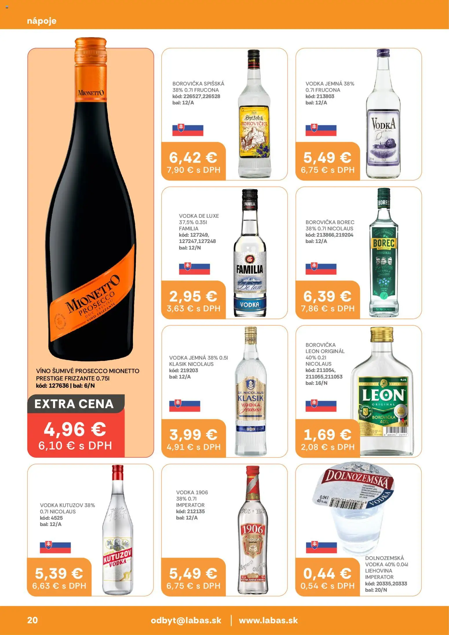 Nové Labaš akcie – leták je platný od 13.02.2026 | Strana: 20 | Produkty: Víno, Prosecco, Borovička, Vodka