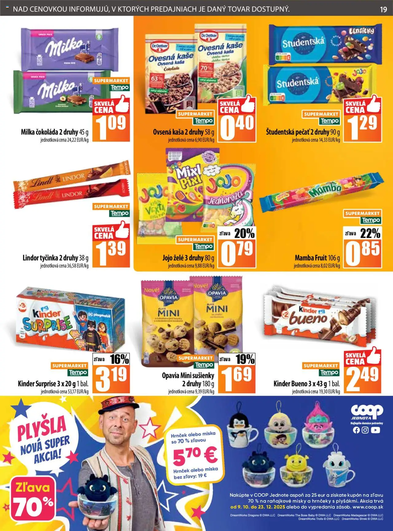 Nové COOP Jednota akcie – leták je platný od 16.10.2025 | Strana: 19 | Produkty: Lindt, Čokoláda, Študentská pečať, Milka