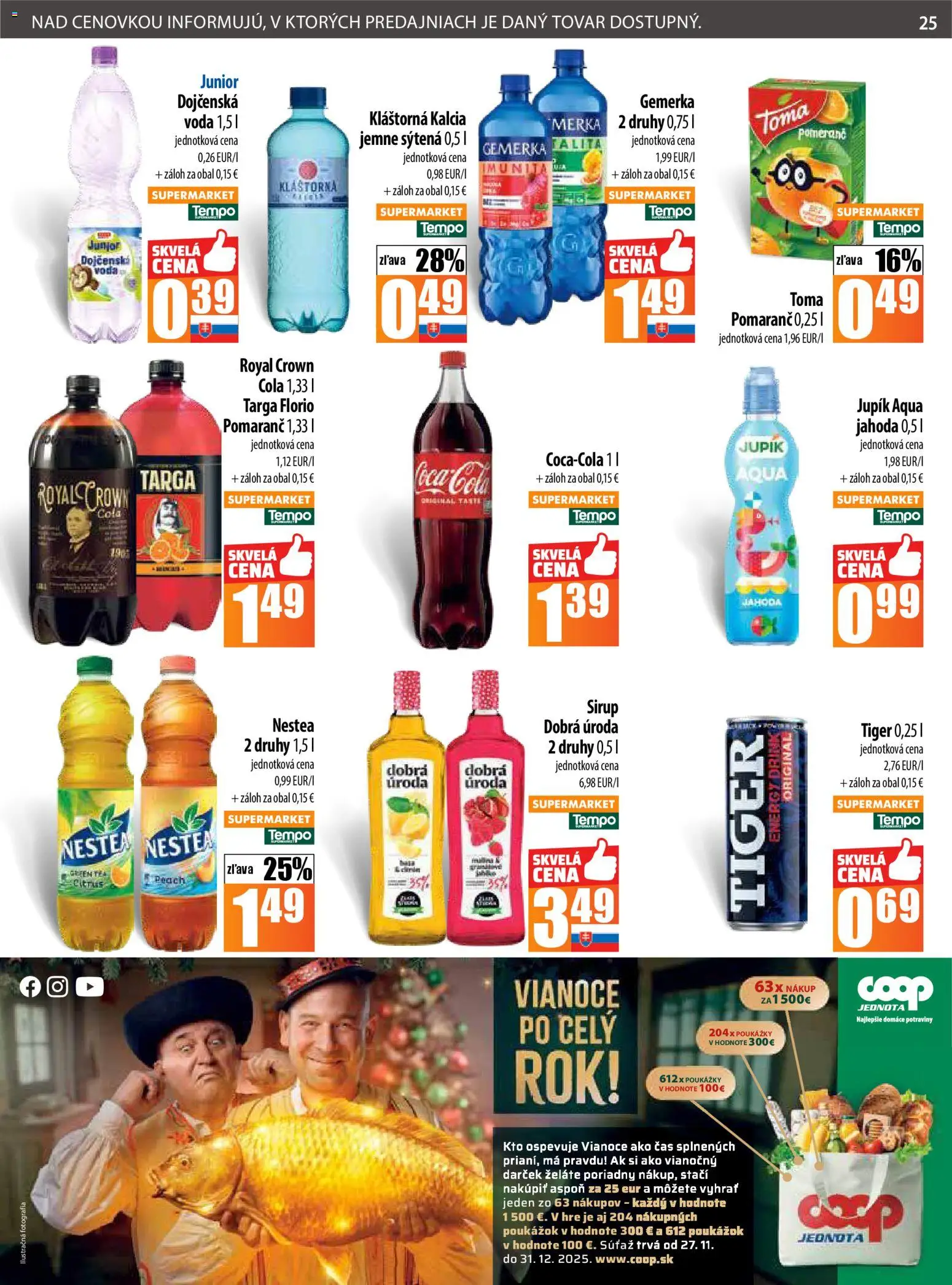 Nové COOP Jednota akcie – leták je platný od 27.11.2025 | Strana: 25 | Produkty: Voda, Cola, Gemerka