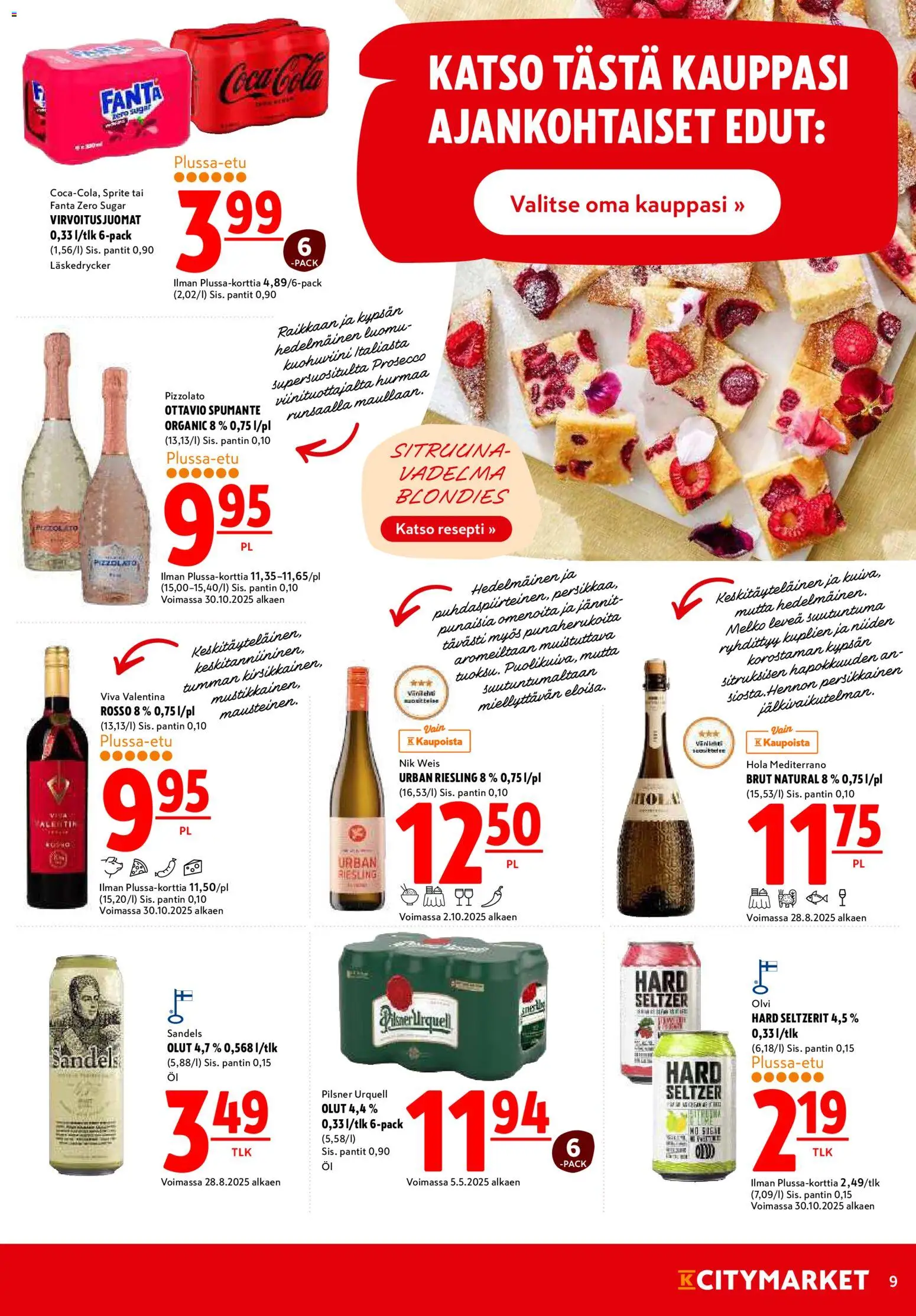 K-Citymarket tarjoukset – voimassa 06.11.2025 alkaen | Sivu: 9 | Tuotteet: Vadelma, Fanta, Olut, Prosecco