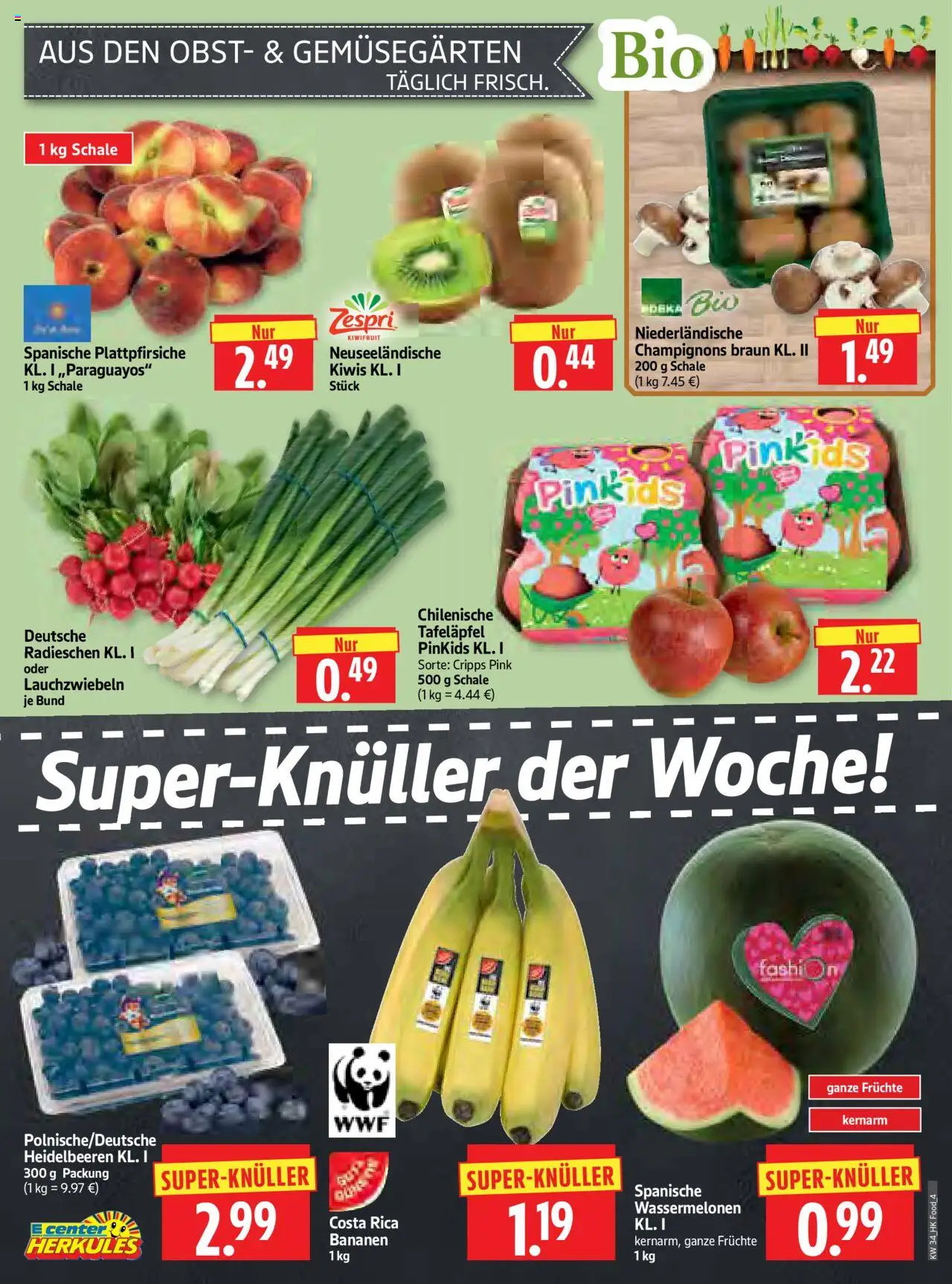 HERKULES Prospekt 	 - gültig ab dem 18.08.2025 | Seite: 4 | Produkte: Bananen, Heidelbeeren, Champignons, Obst