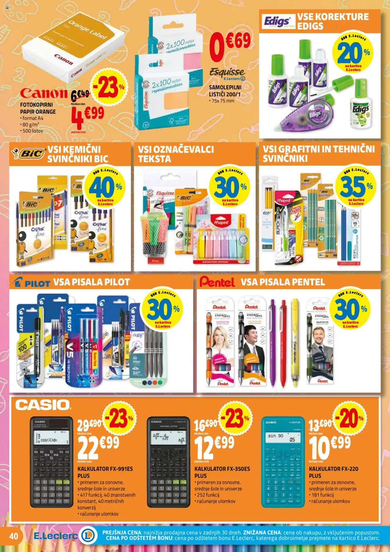 Novi E.leclerc katalog ponudbe – veljaven od 10.09.2025 | Stran: 40 | Izdelki: Kalkulator, Označevalci, Pisala