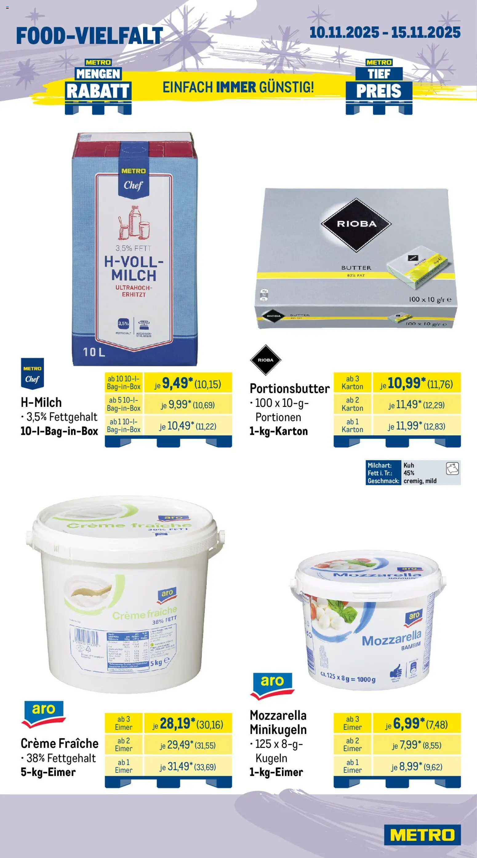 Metro Wochen-Angebote Gastro – gültig ab 10.11.2025 | Seite: 10 | Produkte: Milch, Butter, Mozzarella, Creme
