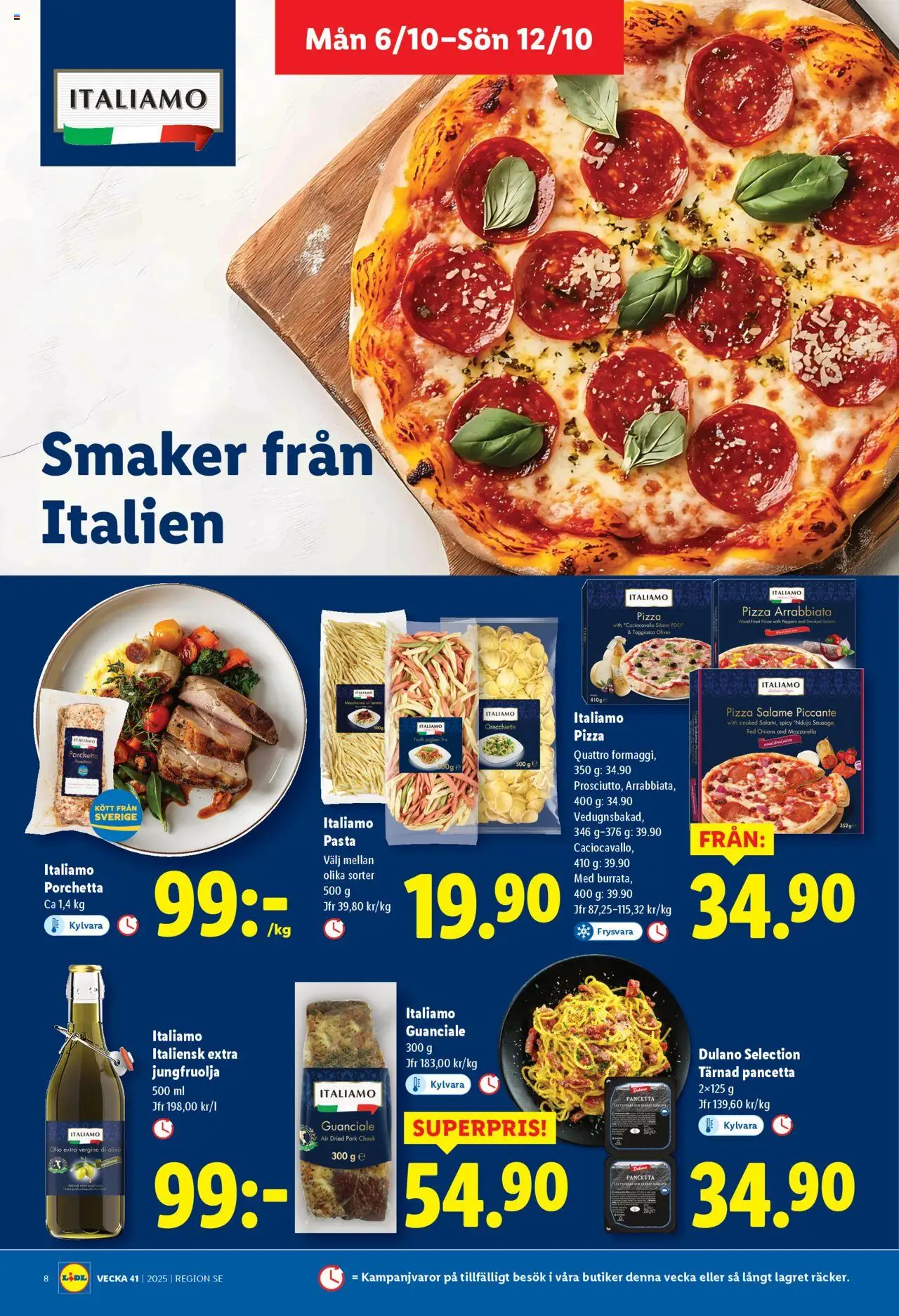 Lidl reklamblad aktuell från 06.10.2025 | Sida: 8 | Produkter: Salami, Pizza, Pasta