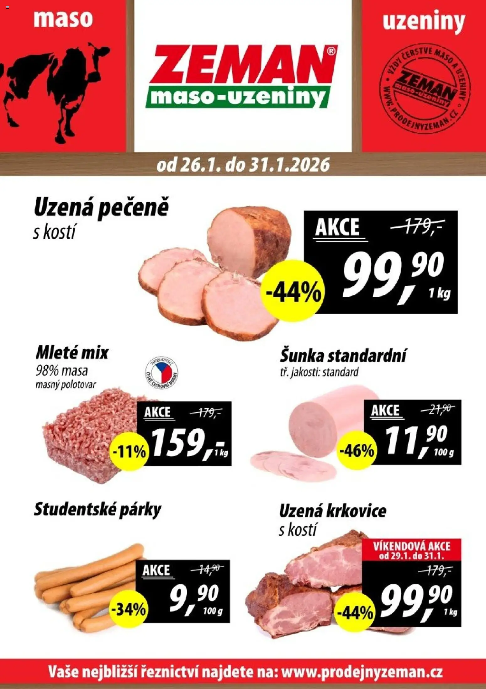 Prodejny Zeman leták - Plzeň od 26.01.2026 | Strana: 1 | Produkty: Šunka, Párky, Uzeniny, Uzená krkovice