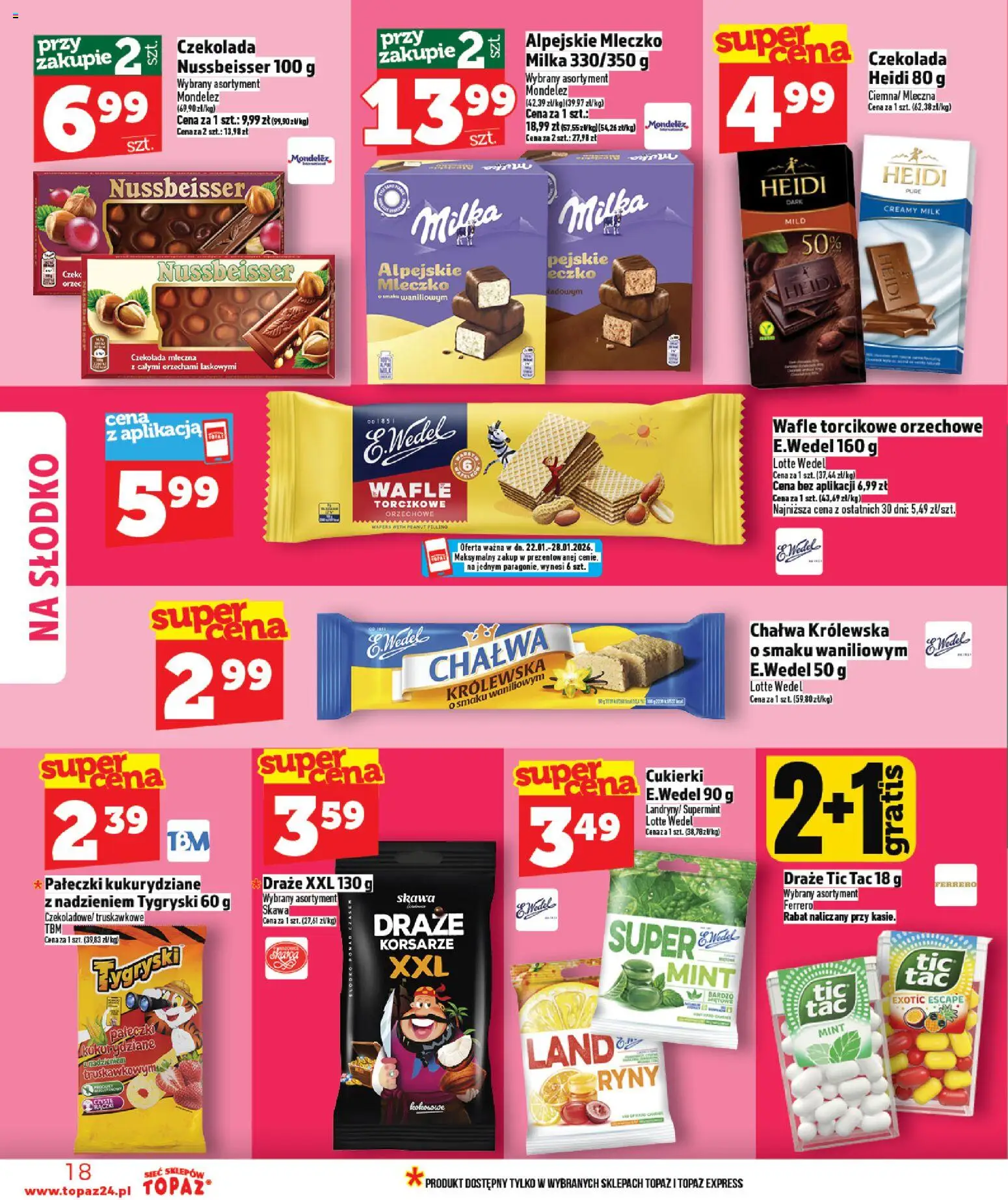Topaz Gazetka MAZ od 22.01.2026 | Strona: 18 | Produkty: Wafle, Milka, Czekolada, Cukierki