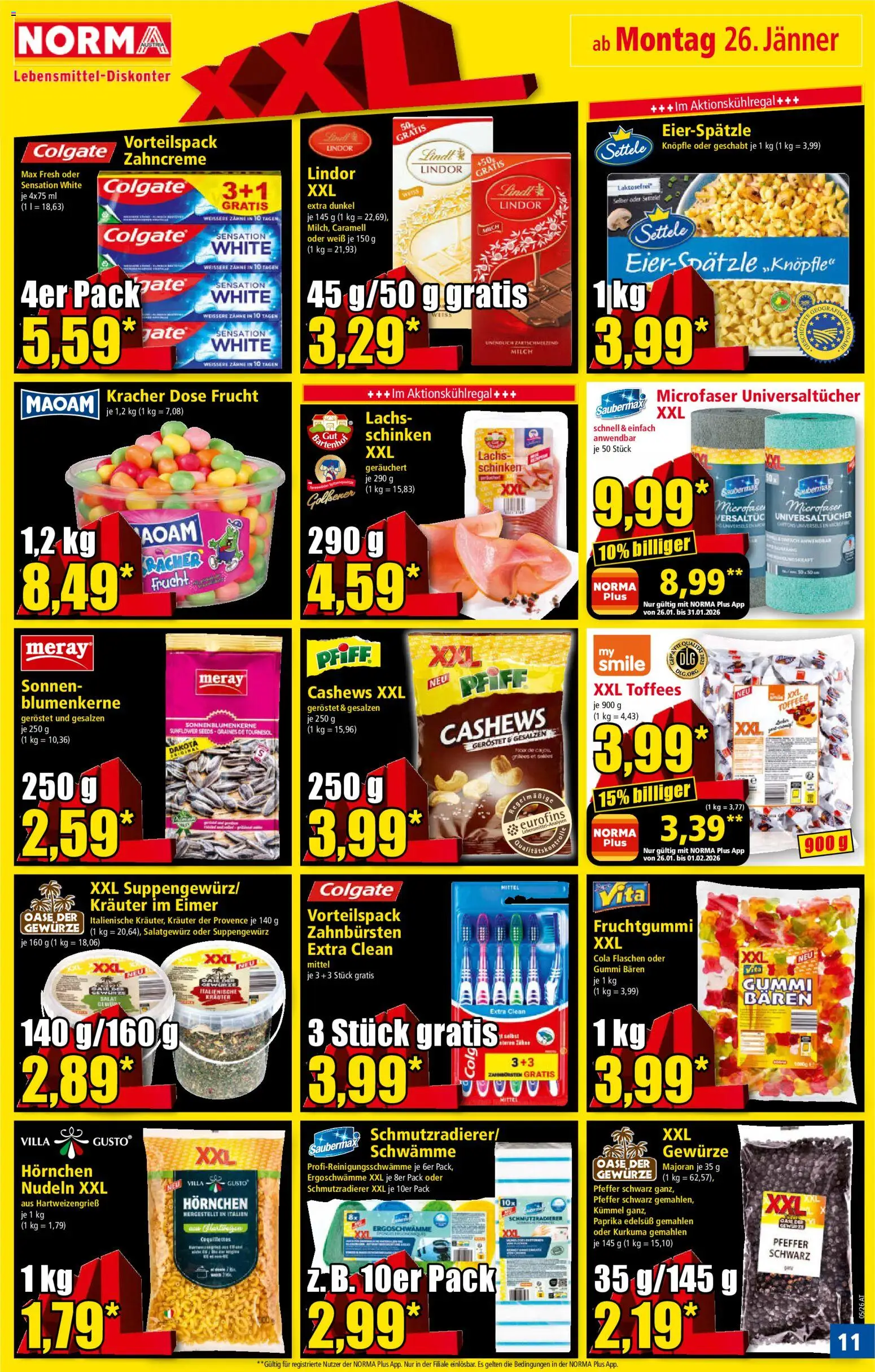 Norma Flugblatt gültig ab 26.01.2026 | Seite: 11 | Produkte: Pfeffer, Milch, Schinken, Nudeln