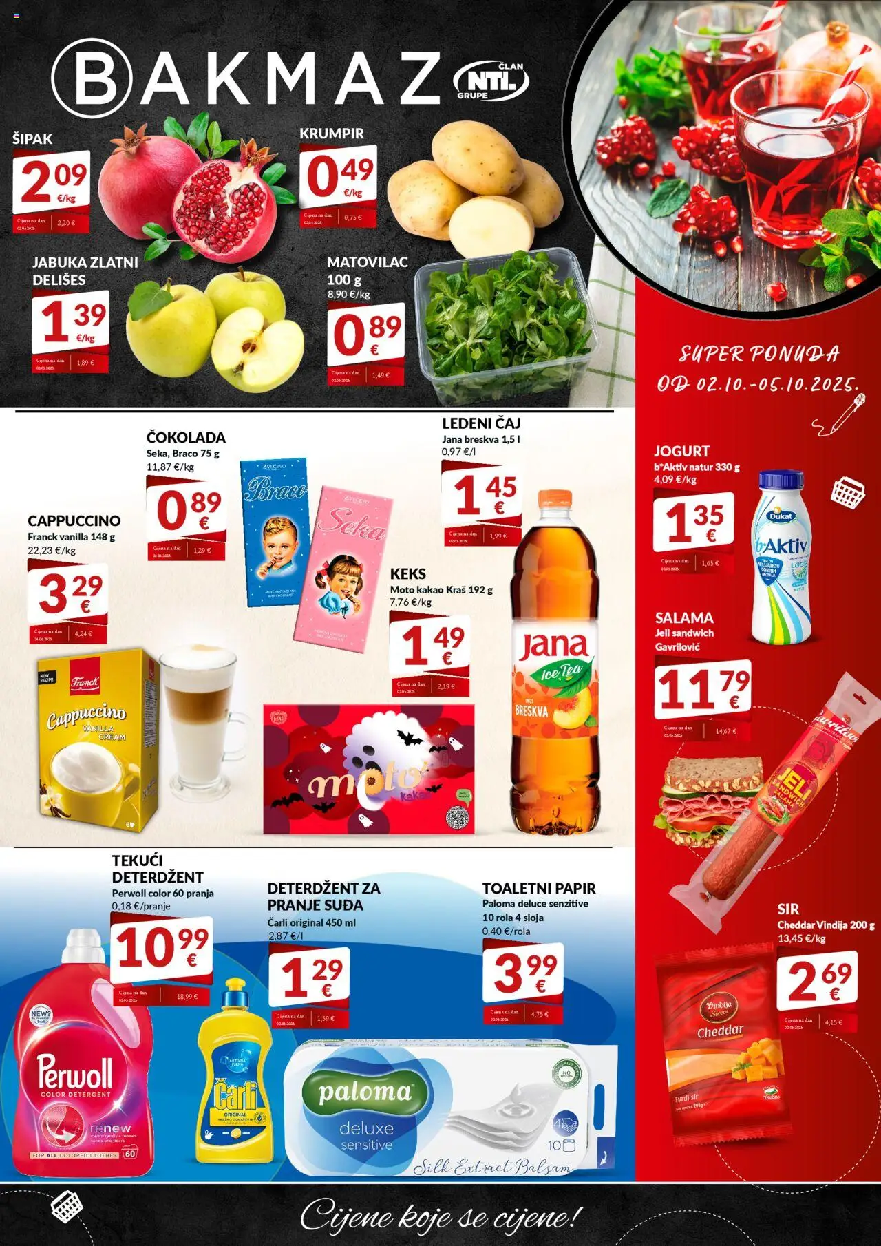 Bakmaz katalog | vrijedi od 02.10.2025 | Stranica: 1 | Proizvodi: Sir, Deterdžent, Toaletni papir, Cappuccino