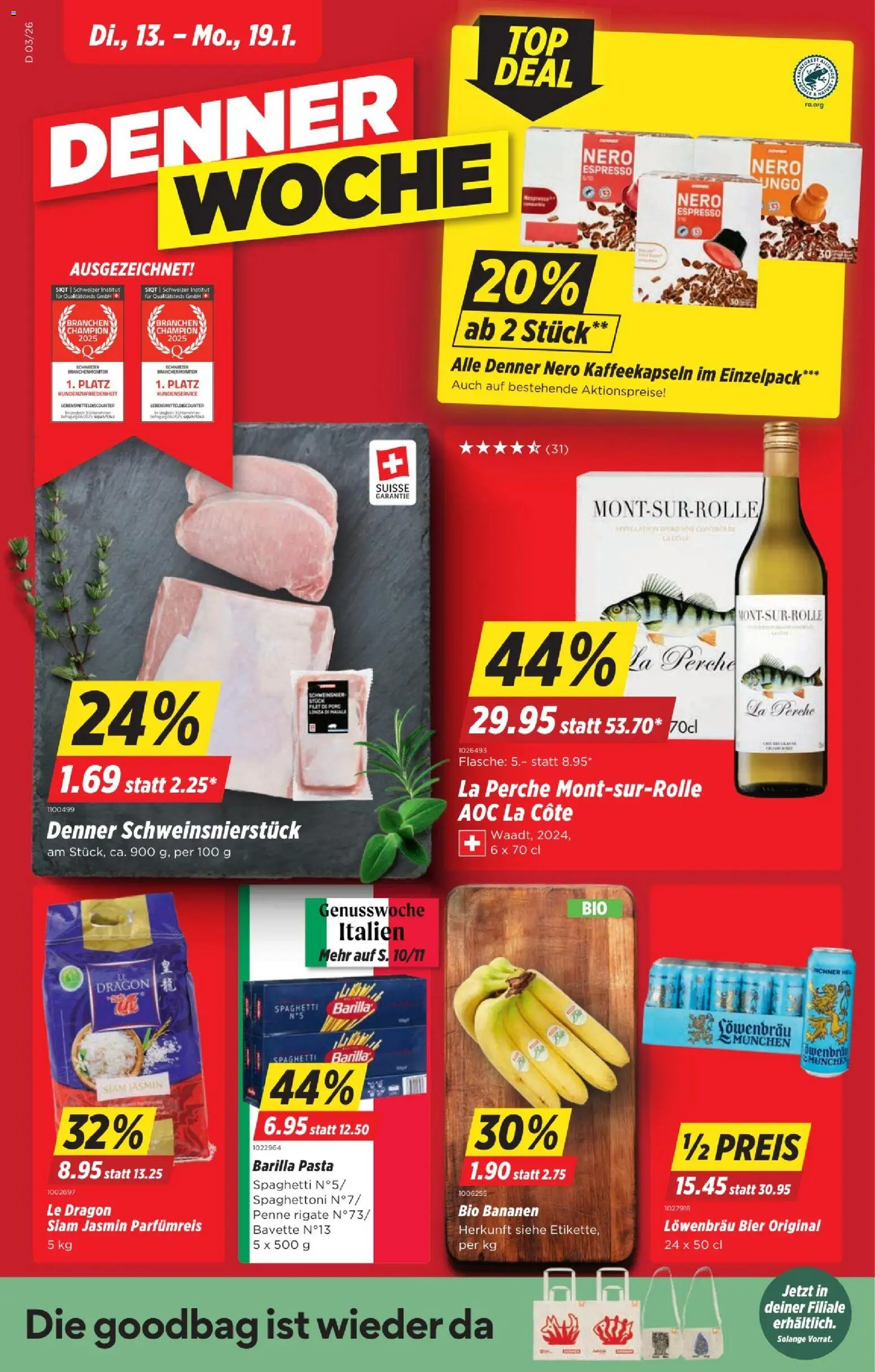 Denner Aktionen – gültig ab 13.01.2026 | Seite: 1 | Produkte: Barilla, Bier, Bananen, Pasta