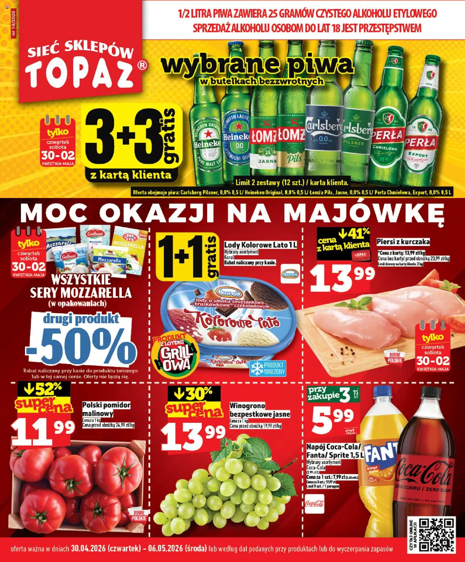 Topaz gazetka - MAZ od 30.04.2026 | Strona: 1 | Produkty: Grill, Sprite, Coca cola, Mozzarella