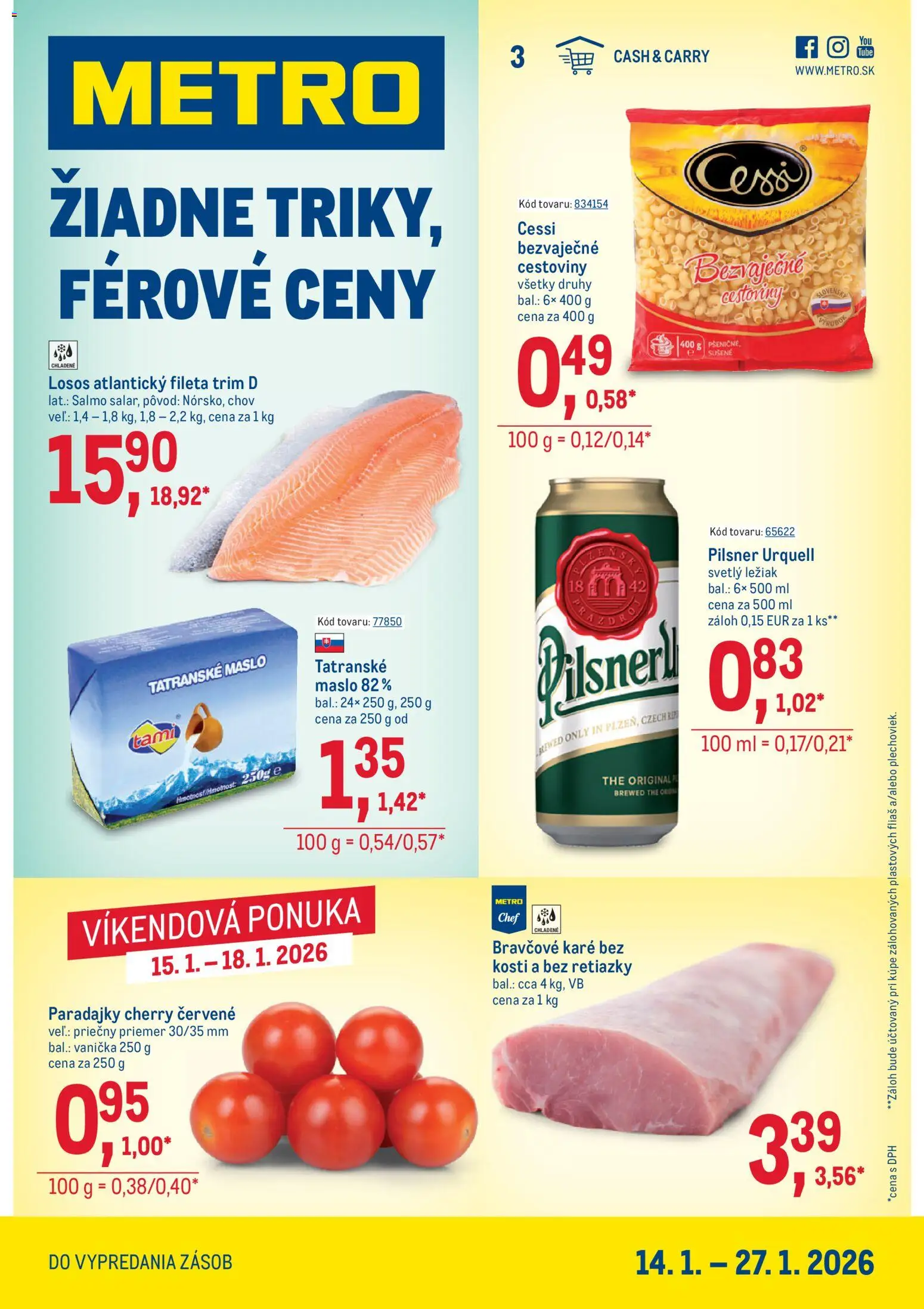 Nové Metro akcie – leták je platný od 14.01.2026 | Strana: 1 | Produkty: Maslo, Paradajky, Cestoviny, Tatranské maslo