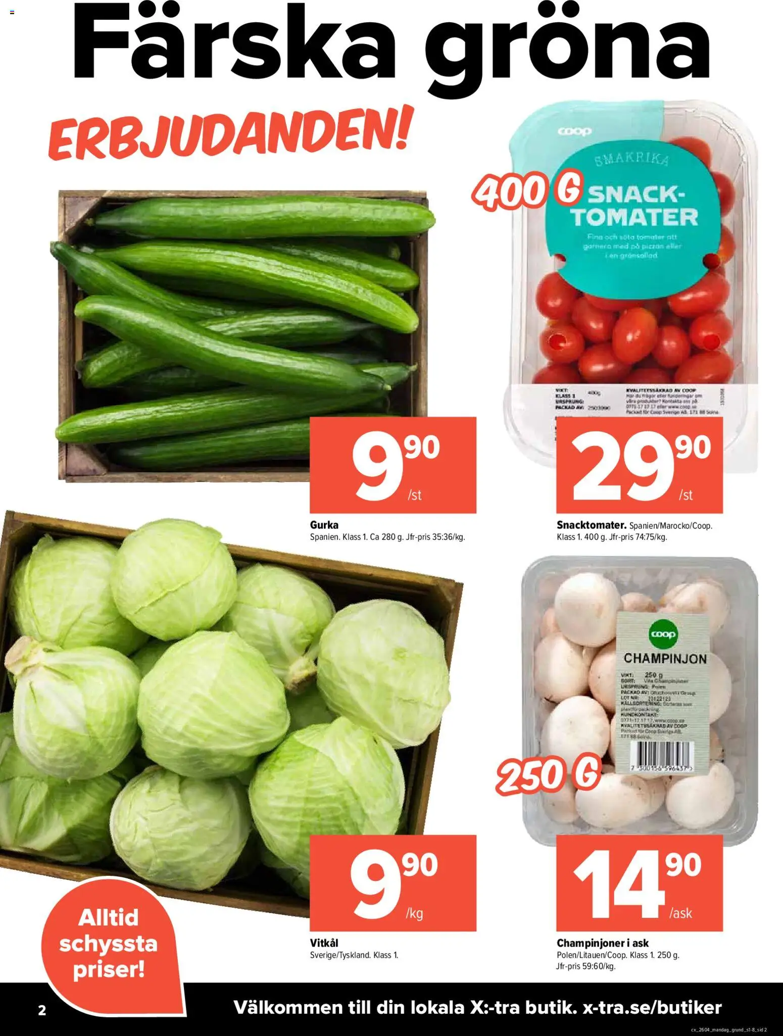Coop X:-TRA reklamblad aktuell från 19.01.2026 | Sida: 2 | Produkter: Vitkål, Champinjoner, Tomater, Gurka