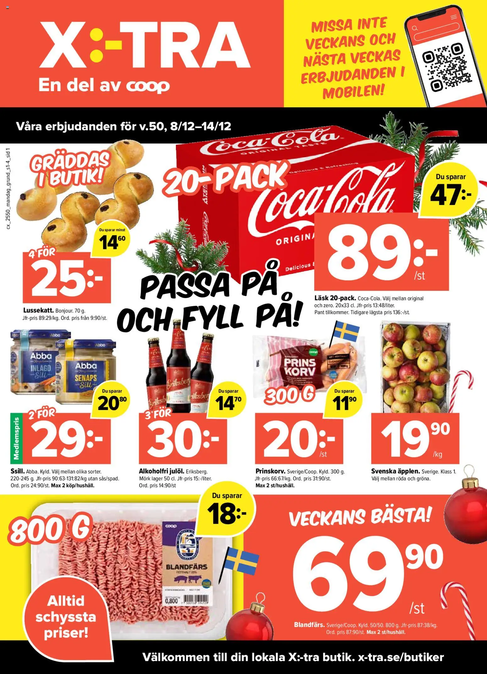 Coop X:-TRA reklamblad aktuell från 08.12.2025 | Sida: 1 | Produkter: Sill, Blandfärs
