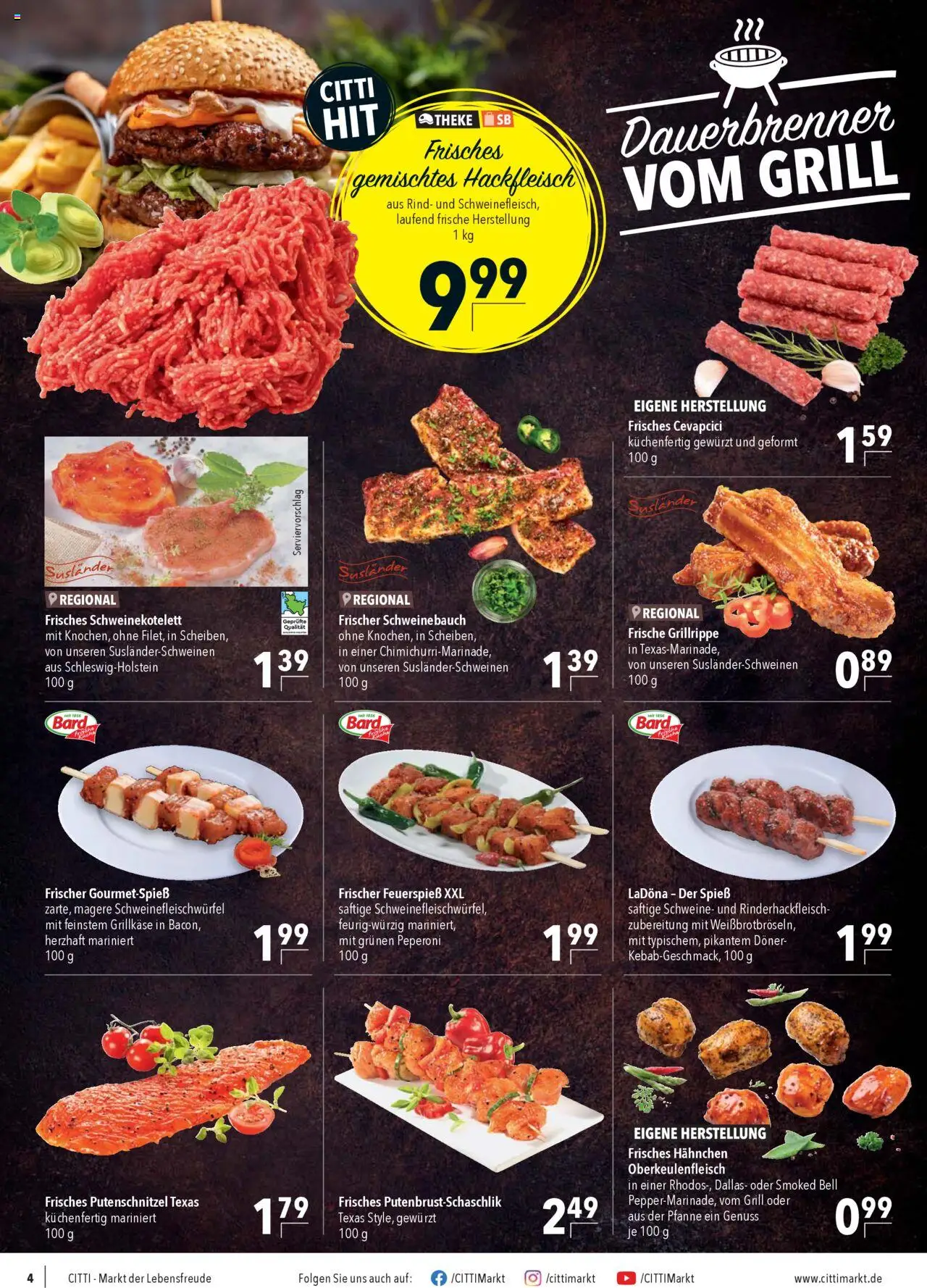 CITTI Markt Prospekt 	 - gültig ab dem 06.08.2025 | Seite: 4 | Produkte: Theke, Schweinebauch, Putenschnitzel, Hackfleisch
