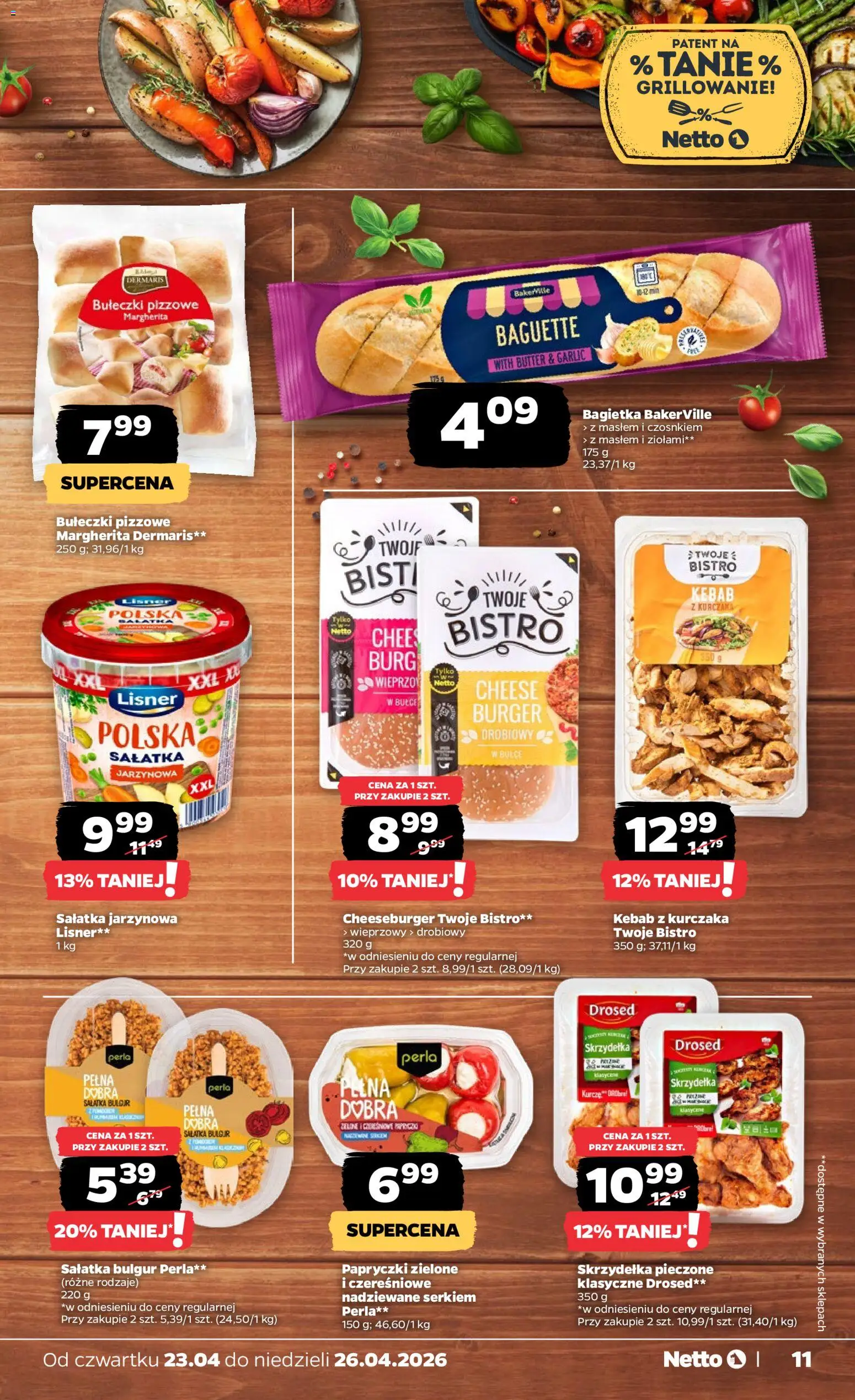 Netto gazetka od czwartku spożywcza od 23.04.2026 | Strona: 11 | Produkty: Sałatka bulgur, Bulgur, Cheeseburger, Sałatka