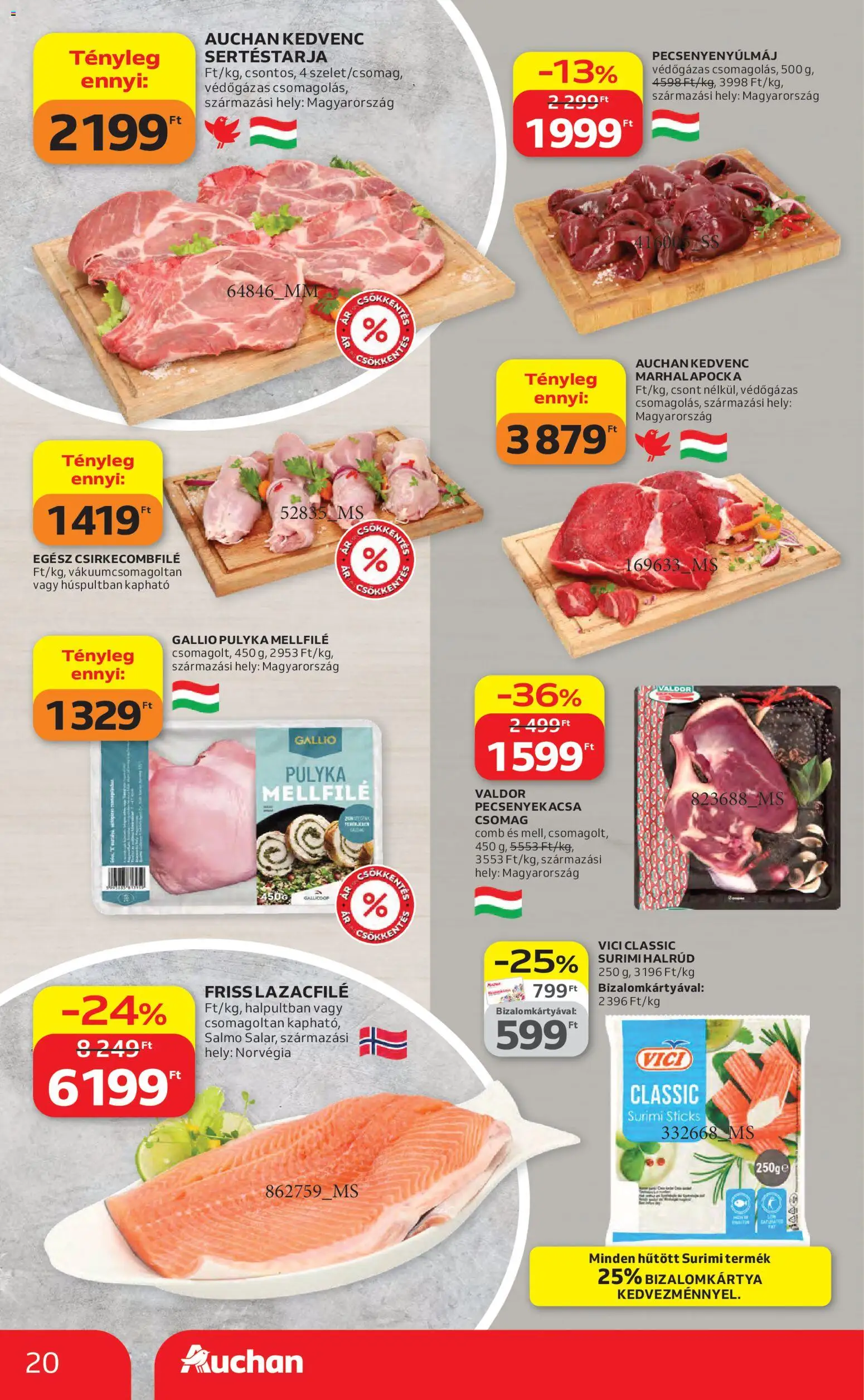 Auchan akciós ujság - amely érvényes a következő dátumtól: 16.04.2026 | Oldal: 20 | Termékek: Sertéstarja, Lazacfilé, Csirkecombfile, Pecsenyekacsa