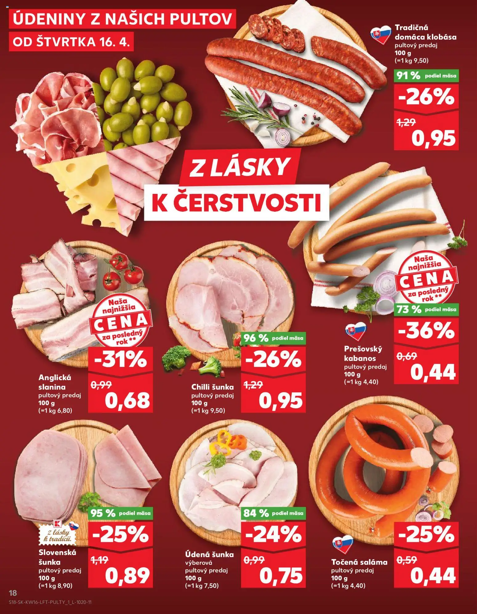 Nové Kaufland akcie – leták je platný od 16.04.2026 | Strana: 18 | Produkty: Saláma, Slanina, Klobása, Chilli