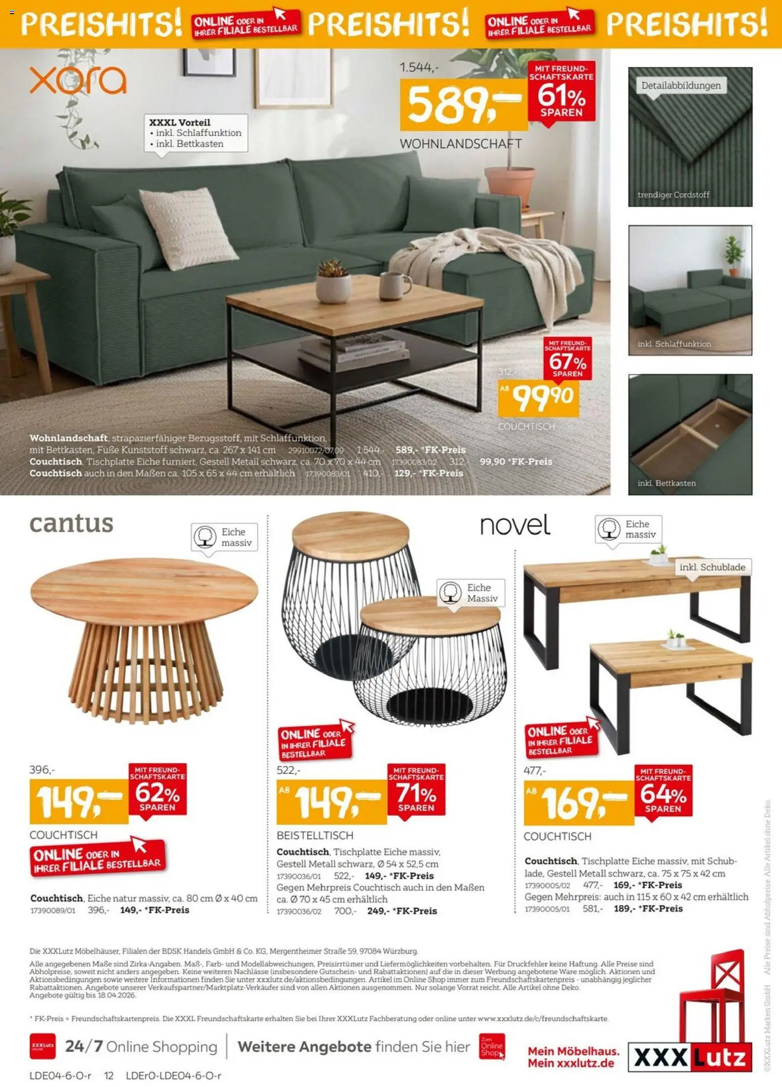 XXXLutz Wohnen Preishits – gültig ab 04.04.2026 | Seite: 12 | Produkte: Wohnlandschaft, Beistelltisch, Couchtisch