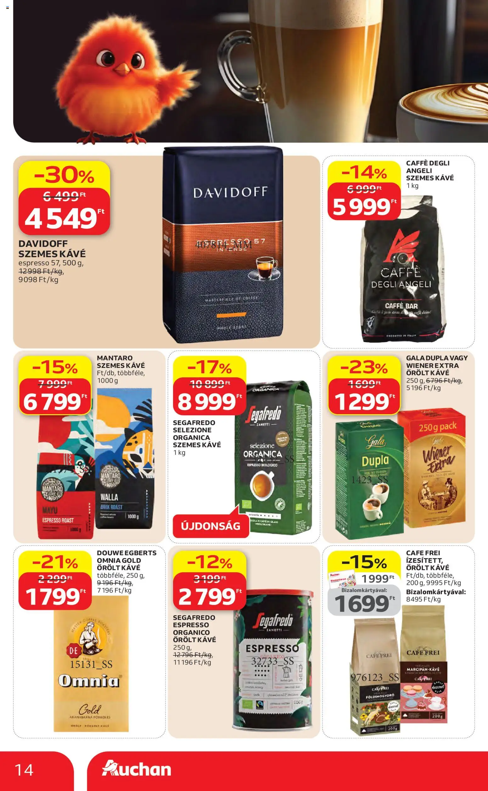 Auchan akciós ujság - amely érvényes a következő dátumtól: 23.04.2026 | Oldal: 14 | Termékek: Kávé, Szemes kávé, Őrölt kávé, Földimogyoró
