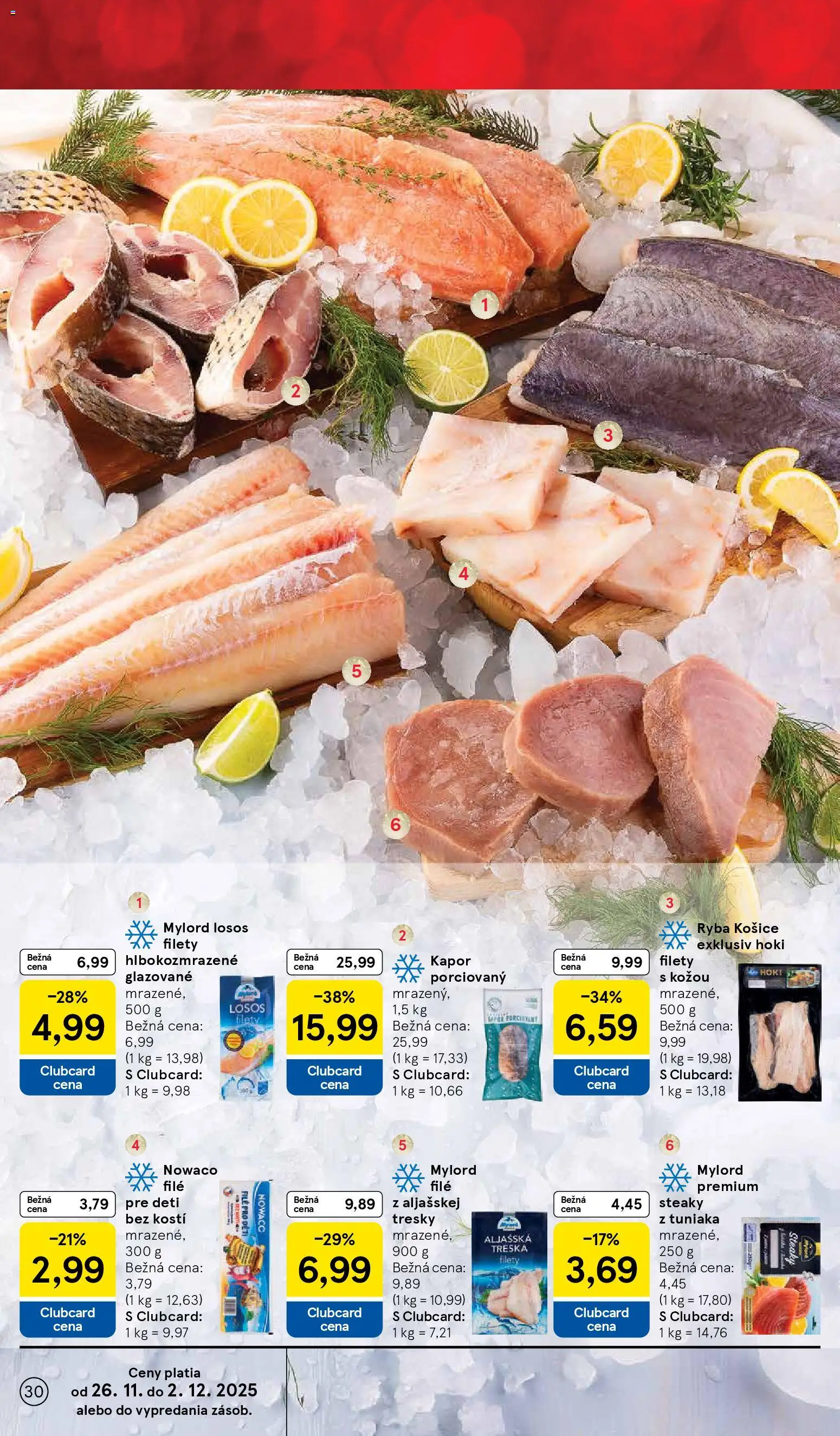 Nové Tesco akcie – leták je platný od 26.11.2025 | Strana: 30 | Produkty: Ryba, Losos, Treska