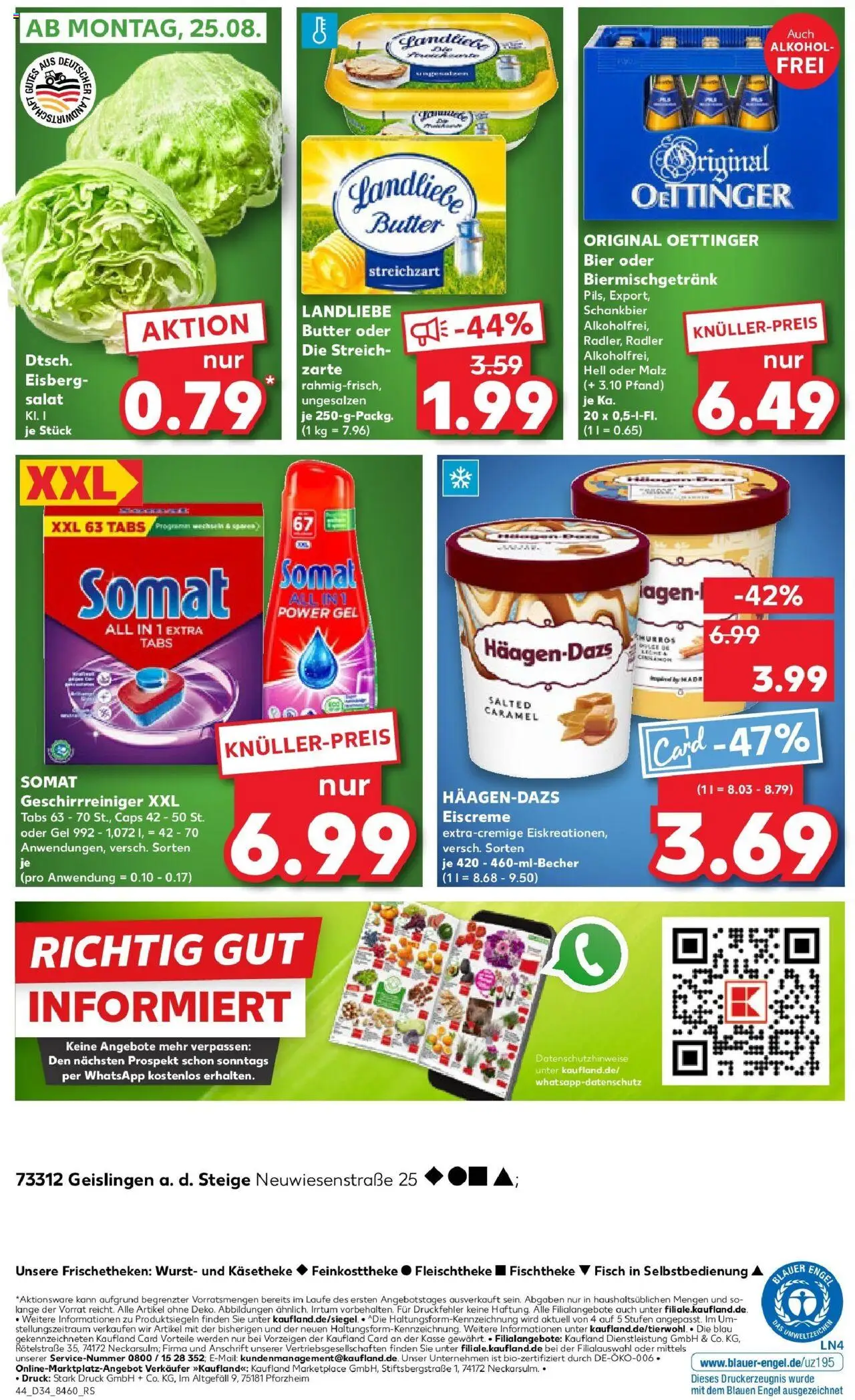 Kaufland prospekt Geislingen An Der Steige	 - gültig ab dem 21.08.2025 | Seite: 44 | Produkte: Oettinger, Eiscreme, Wurst, Salat