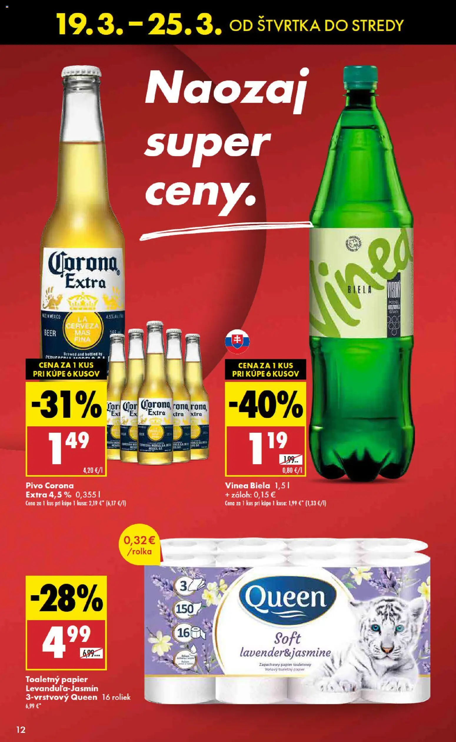 Nové Biedronka akcie – leták je platný od 19.03.2026 | Strana: 12 | Produkty: Pivo, Toaletný papier, Vinea