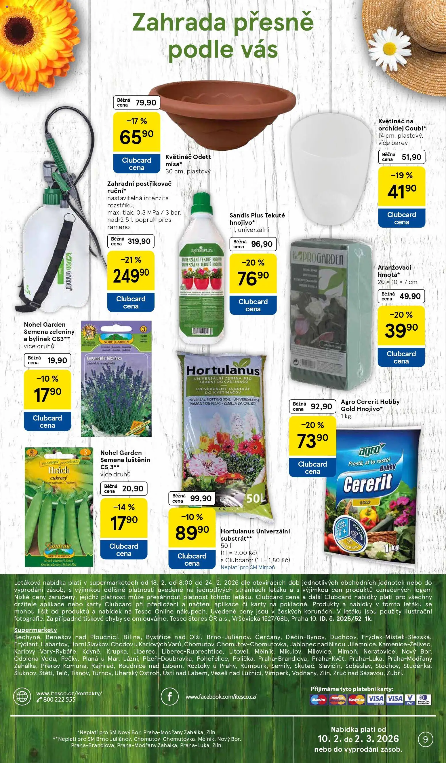 Tesco leták - Supermarket od 18.02.2026 | Strana: 9 | Produkty: Zahrada, Univerzální substrát, Semena, Postřikovač