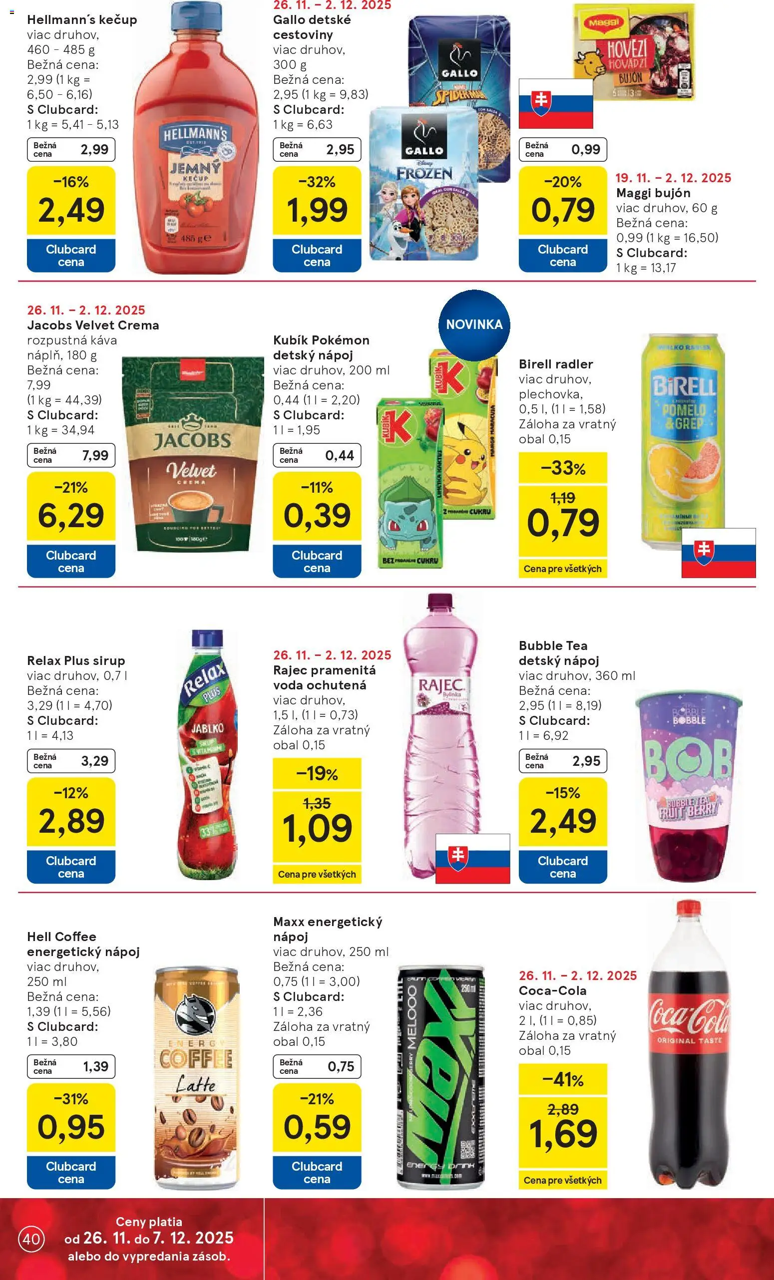 Nové Tesco akcie – leták je platný od 26.11.2025 | Strana: 40 | Produkty: Bujón, Radler, Voda, Cola