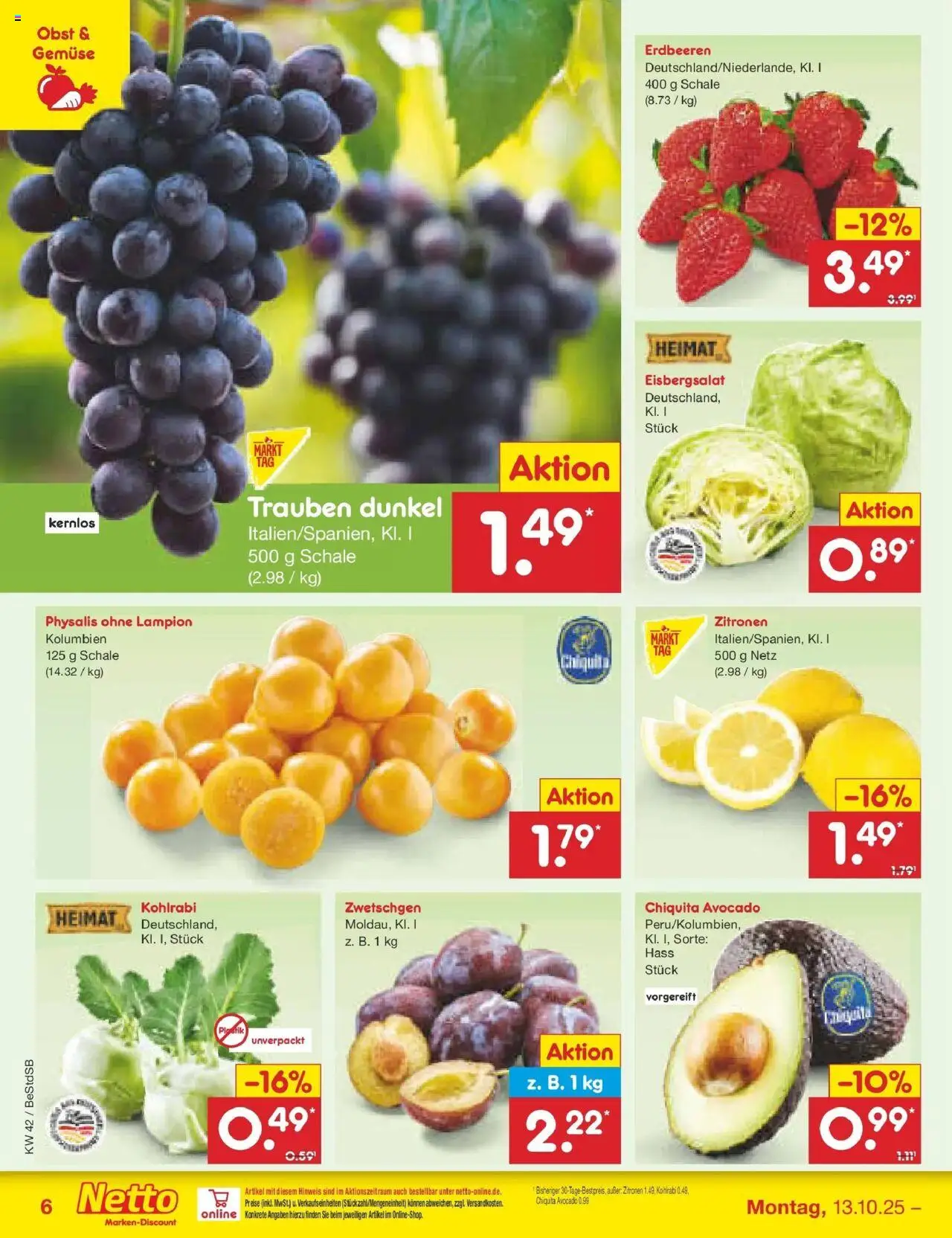 Netto Marken-Discount Prospekt 	 – gültig ab 13.10.2025 | Seite: 6 | Produkte: Trauben, Kohlrabi, Eisbergsalat, Gemüse