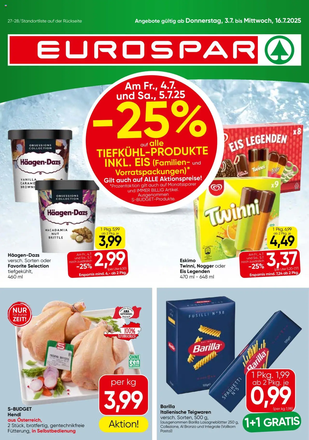 Eurospar Flugblatt gültig ab 03.07.2025 | Seite: 1 | Produkte: Pasta, Eis, Hajdina liszt
