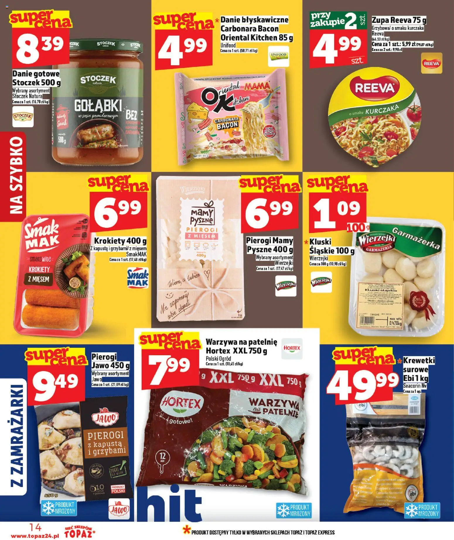 Topaz gazetka - MAZ od 09.04.2026 | Strona: 14 | Produkty: Krewetki, Krokiety, Kluski śląskie, Warzywa