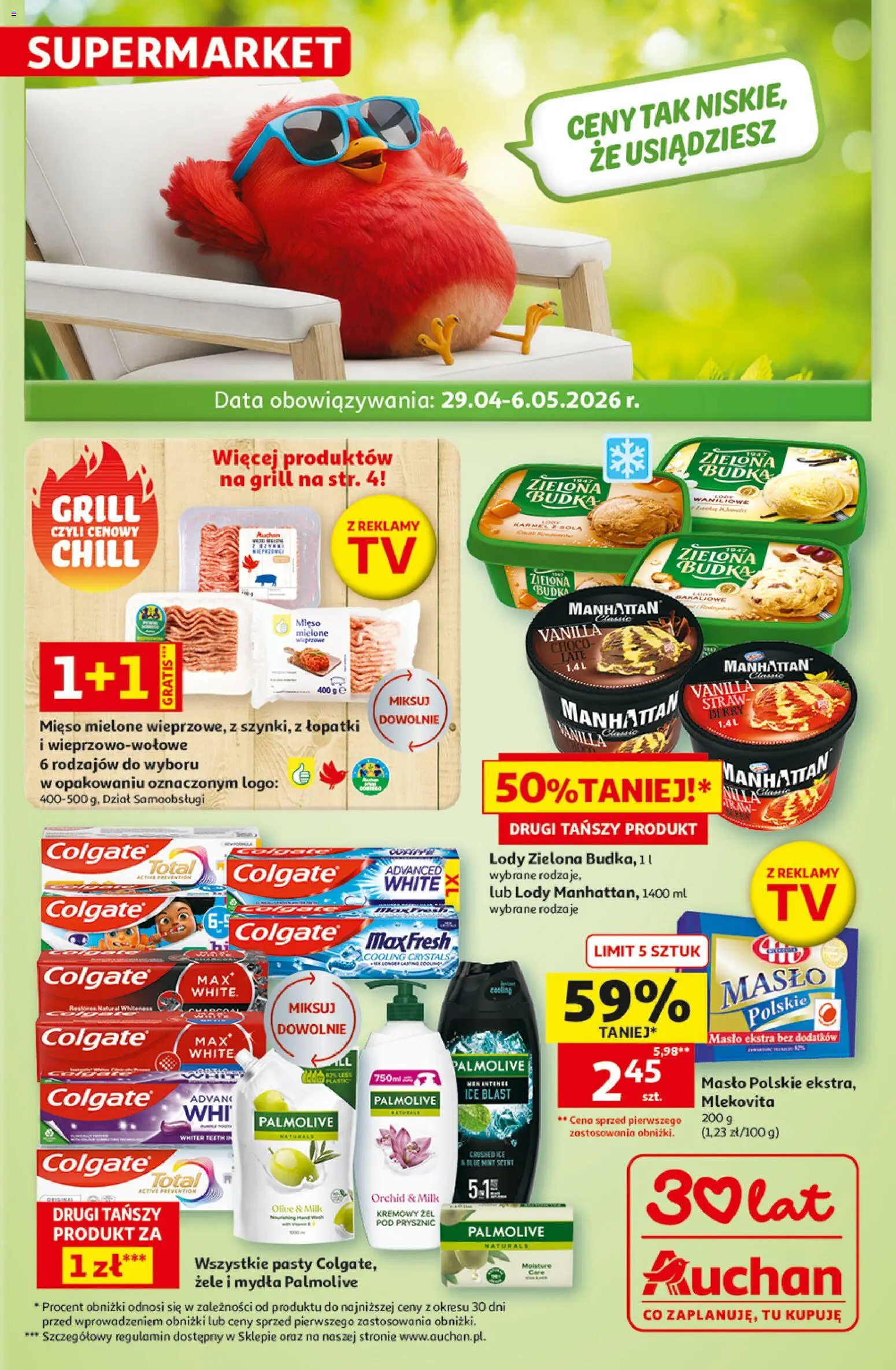 Auchan gazetka od 29.04.2026 | Strona: 1 | Produkty: Masło Polskie, Mięso, Prysznic, Lody