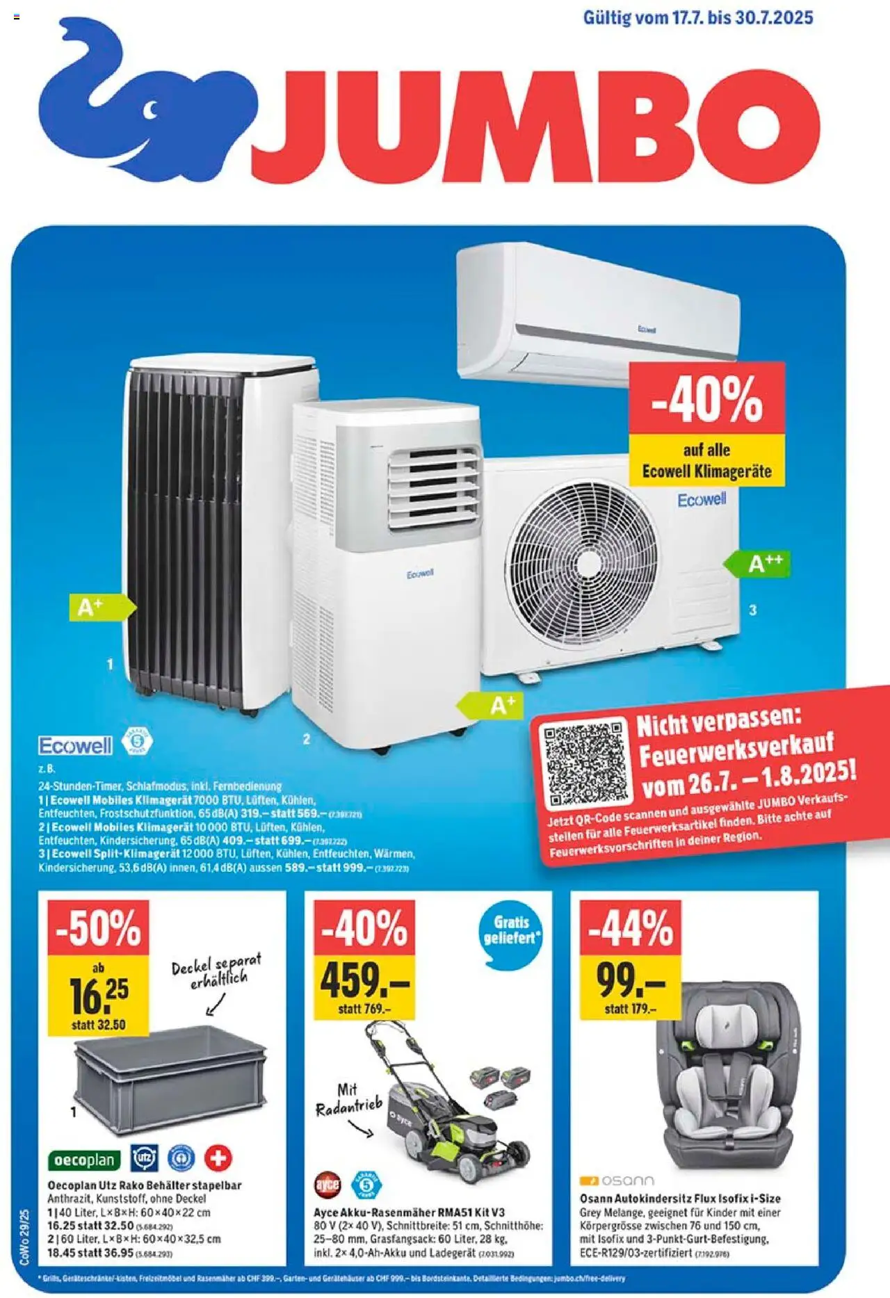 Jumbo Aktionen ab 17.07.2025 | Seite: 1 | Produkte: Klimagerät, Ladegerät, Rasenmäher