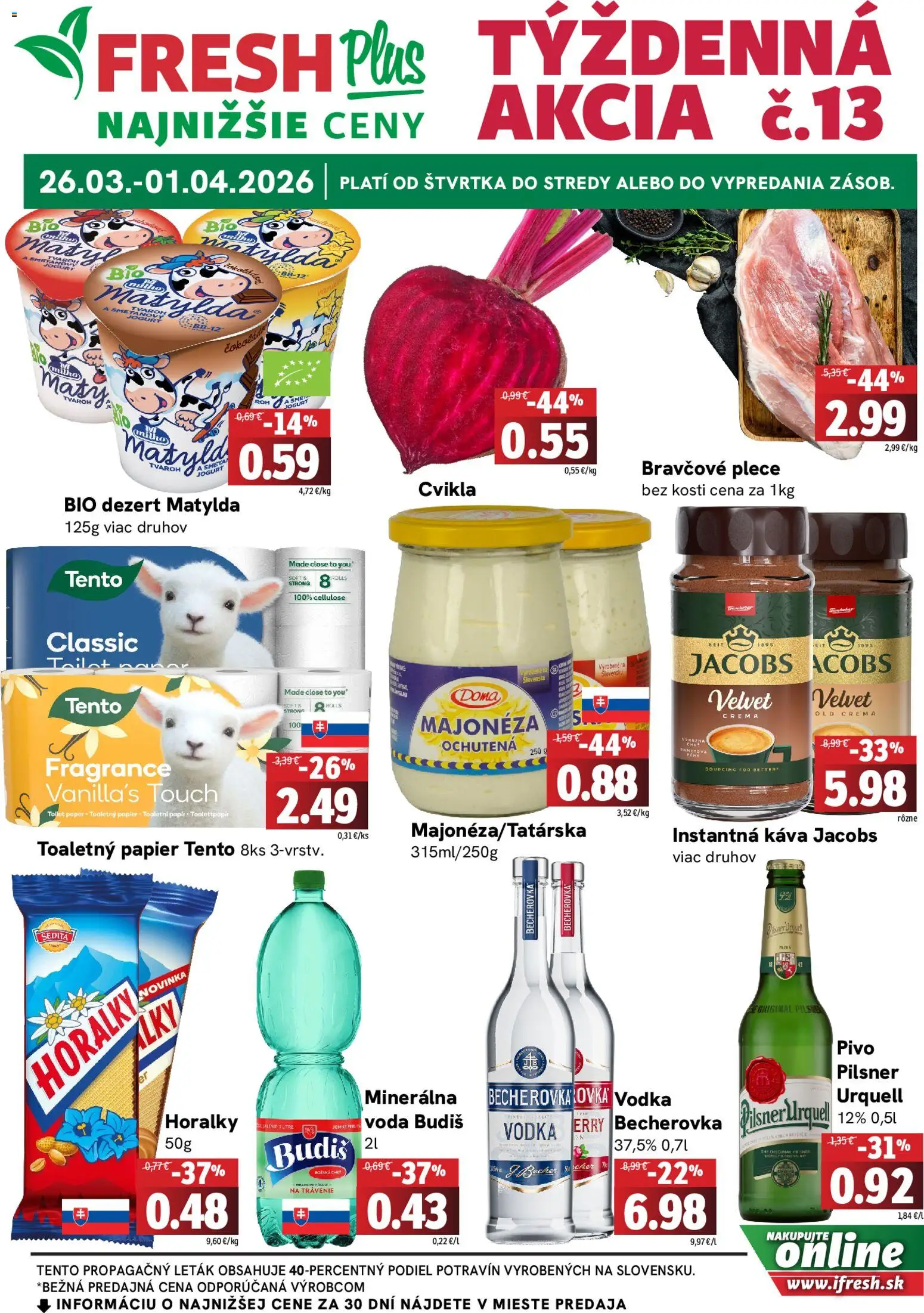Nové Fresh akcie – leták je platný od 26.03.2026 | Strana: 1 | Produkty: Pivo, Káva, Bravčové plece, Vodka