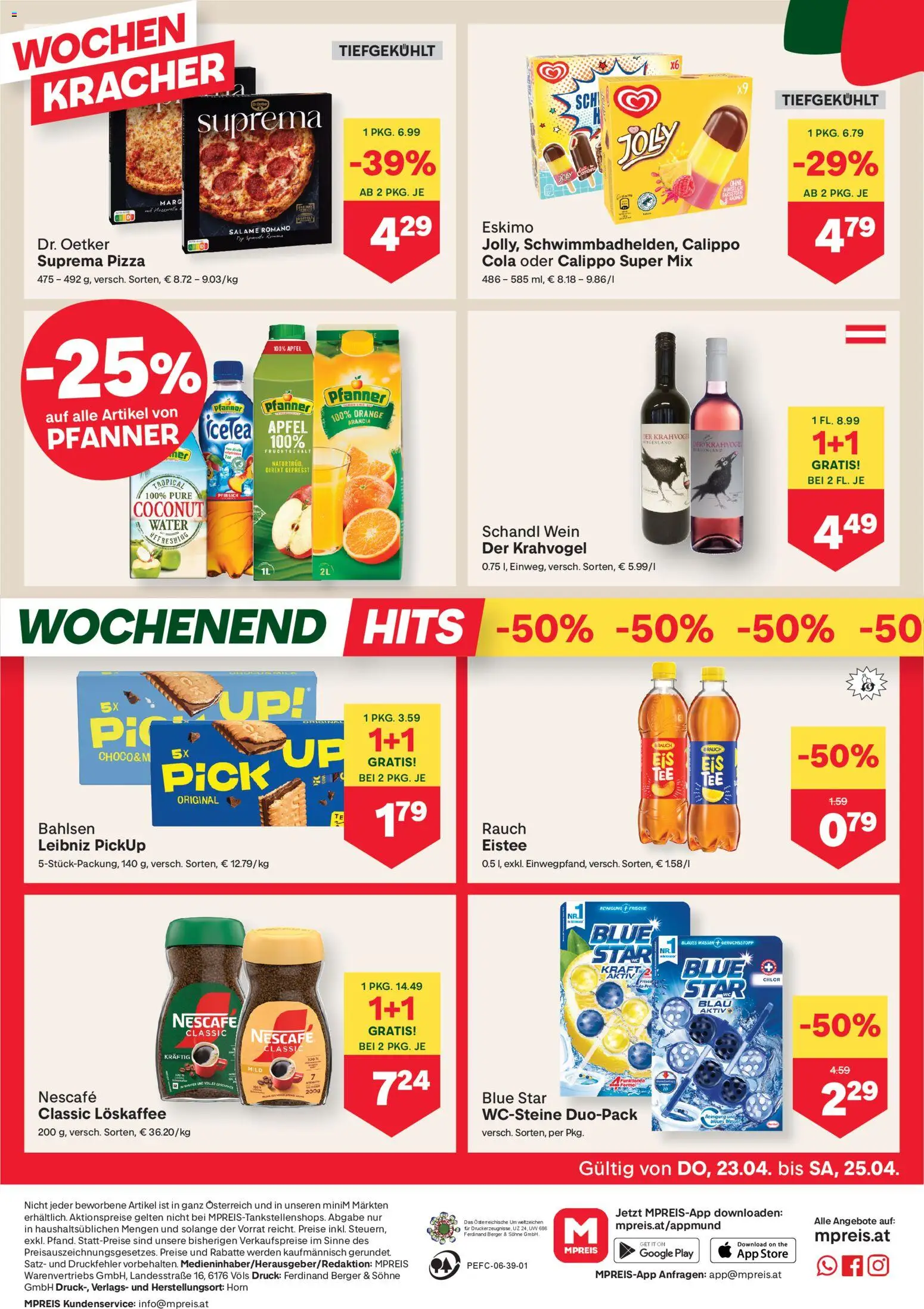 MPREIS Flugblatt gültig ab 23.04.2026 | Seite: 12 | Produkte: Wasser, Pfirsich, Pizza, Äpfel