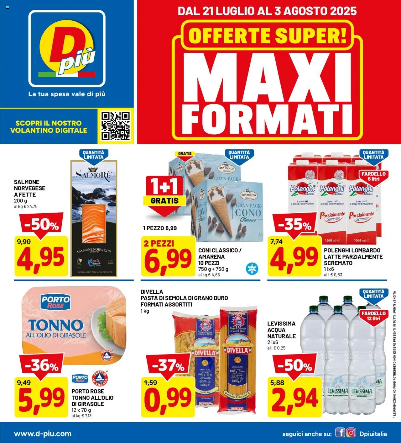 Volantino D Più del 21.07.2025 | Pagina: 1 | Prodotti: Salmone, Acqua, Pasta, Tonno