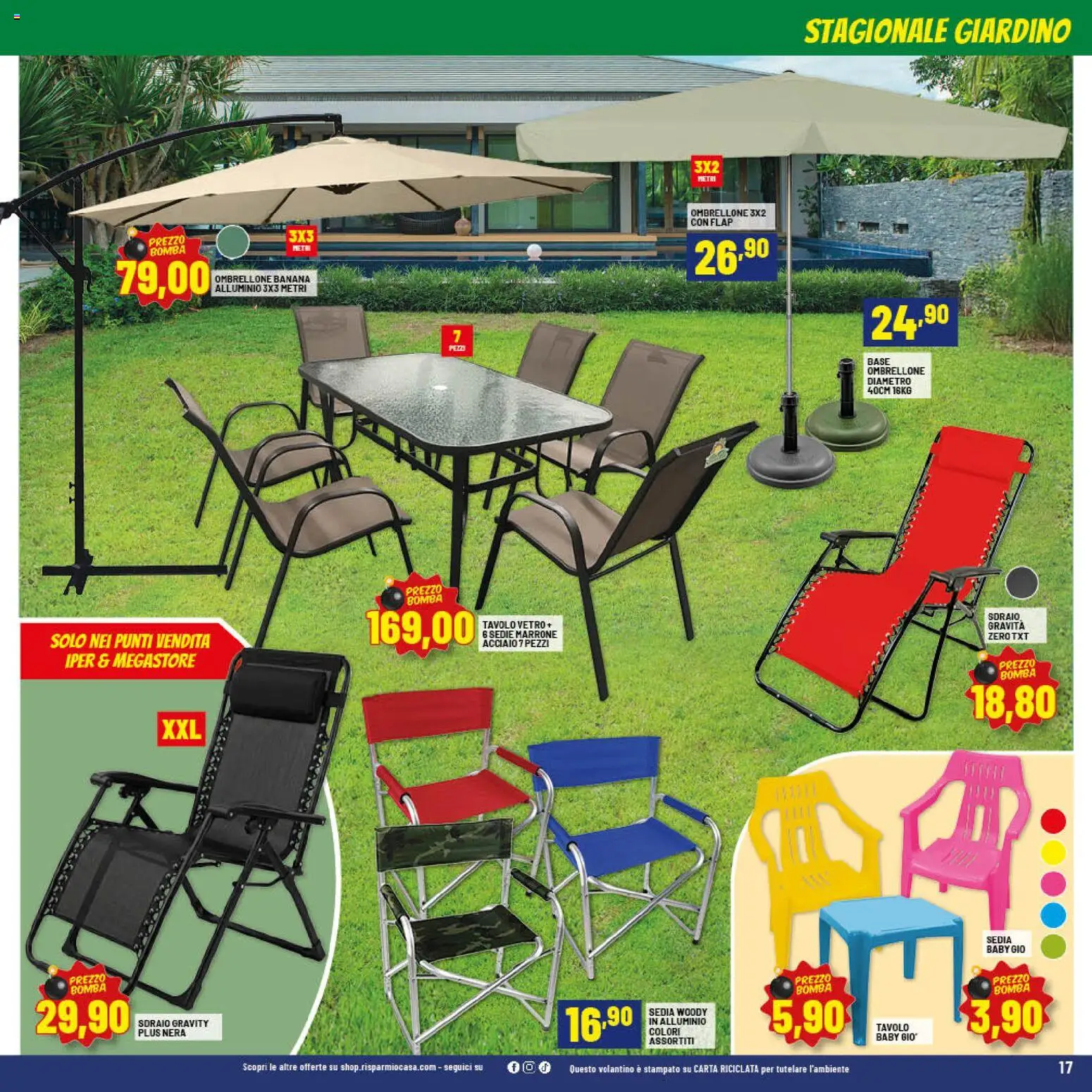 Volantino RisparmioCasa del 23.04.2026 | Pagina: 17 | Prodotti: Sdraio, Ombrellone, Alluminio, Tavolo